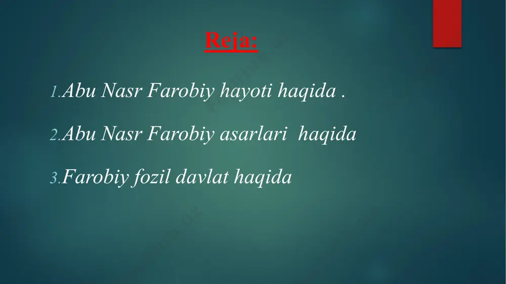 kunlarini oʻtkazadi. u damashqsagi "bob assagʻir" qabristoniga dafn etilgan. forobiy oʻrta asr davri tabiiy-ilmiy va ijtimoiy bilimlarining qariyb barcha sohalarida 160 dan ortiq asar yaratgan. u turli bilimlarning nazariy tomonlari, falsafiy mazmuni bilan koʻproq qiziqqanligi uchun uning asarlarini 2 guruhga ajratish mumkin: 1) yunon faylasuflari, tabiatshunoslarining ilmiy merosini izohlash, targʻib qilish va oʻrganishga bagʻishlangan asarlar; 2) fanning turli sohalariga oid mavzulardagi asarlar. forobiy «muzika haqida katta kitob» degan ko`p jildi asari bilan o`rta asrning yirik muzikashunosi sifatida ham mashxur bo`ldi. u muzikaga ilmini nazariy, amaliy jihatdan yoritib, muzikani inson axloqini tarbiyalovchi sihat salomatligni mustahkamlovchi vosita deb qaragan. uning muzika sohasida qoldirgan merosi muzika madaniyati tarixida muhim ahamiyatga molikdir. farobiy arastuning «metafizika», «fizika» asarlariga hamda uning mantiqqa bag`ishlangan asarlariga, ptolomeyning asarlariga ilmiy sharhlar yozdi. farobiyning «ikki faylasuf arastu va aflotunning yaxlit fikrlari haqidagi kitob», «arastu bilan talen o`rtasidagi vositachilik», «falsafa manbalari», «aql xaqida traktat», «falsafani o`rganguncha nimani o`rganmok kerak?», «substantsiya», «davlat …