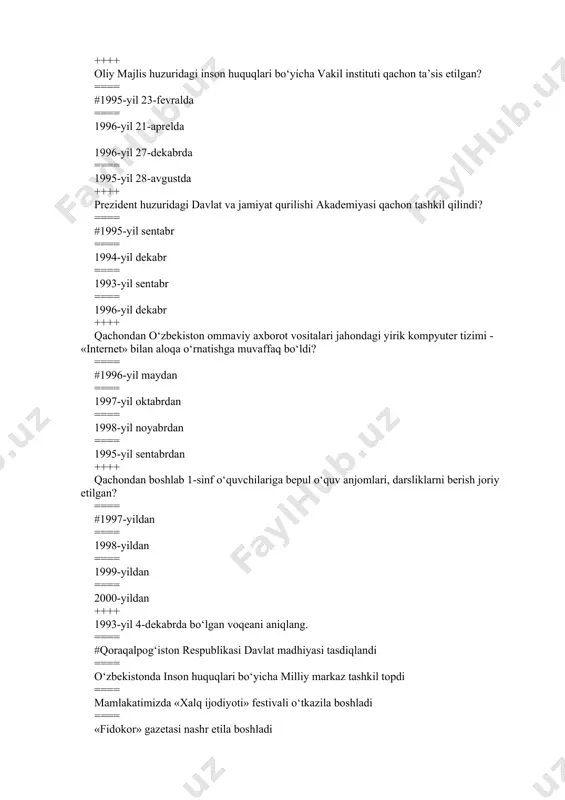 erbi to‘g‘risida»gi qonuni qabul qilingan? ==== #x sessiyasida ==== vii sessiyasida ==== viii sessiyasida ==== xi sessiyasida ++++ 1992-yil 10-dekabrda o‘zbekiston respublikasi oliy kengashining qaysi sessiyasida «o‘zbekiston respublikasining davlat madhiyasi to‘g‘risida»gi qonuni qabul qilingan? ==== #xi sessiyasida ==== vii sessiyasida ==== viii sessiyasida ==== xii sessiyasida ++++ quyidagi tarixiy voqealardan qaysi biri boshqalariga qaraganda oldinroq qabul qilingan? ==== #o‘zbekiston respublikasi davlat bayrog‘ining qabul qilinishi ==== «o‘zbekiston respublikasi davlat gerbining qabul qilinishi ==== «o‘zbekiston respublikasi davlat madhiyasining qabul qilinishi ==== «o‘zbekiston respublikasi konstitusiyasining qabul qilinishi ++++ «o‘zbekiston respublikasining milliy valyutasini muomalaga kiritish to‘g‘risida» gi prezident farmoni qachon qabul qilingan? ==== #1994-yil 16-iyunda ==== 1994-yil 15-iyunda ==== 1994-yil 1-iyulda ==== 1994-yil 15-mayda ++++ respublikamizda 1994-yil 1-iyuldan boshlab….? ==== #yagona, cheklanmagan va qonuniy to‘lov vositasi sifatida milliy valyutasi - so‘m muomalaga chiqarilgan ==== o‘zbekistonda so‘m-kupon muomalaga kiritildi ==== «o‘zbekiston respublikasining milliy valyutasini muomalaga kiritish to‘g‘risida»gi prezident farmoni e’lon qilini ==== mamlakatimizda 1000 so‘mlik …