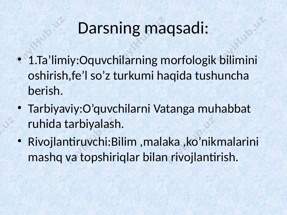 psiz,kelmoqchisiz 3-shaxs keldilar, kelyaptilar,kelmoqchilar rasmlar asosida gap tuzing,fe’llarini aniqlang: yaqinda yangi yil….. fe’l haqida o’tilganlarni takrorlash, yangi mavzuni mustahkamlash: fe’l deb nimaga aytiladi? harakat fe’llariga misol keltiring. holat fe’llariga misol ayting. fe’llarda zamon shakllari haqida gapirib bering. o’tgan zamon qanday hosil qilinadi? kelasi va hozirgi zamonlar-chi? fe’llarda shaxs-son qo’shimchalari haqida gapiring. image1.jpeg image2.jpeg image3.jpeg image4.jpeg image5.wmf image6.wmf image7.wmf image8.wmf image9.wmf image10.wmf /docprops/thumbnail.jpeg