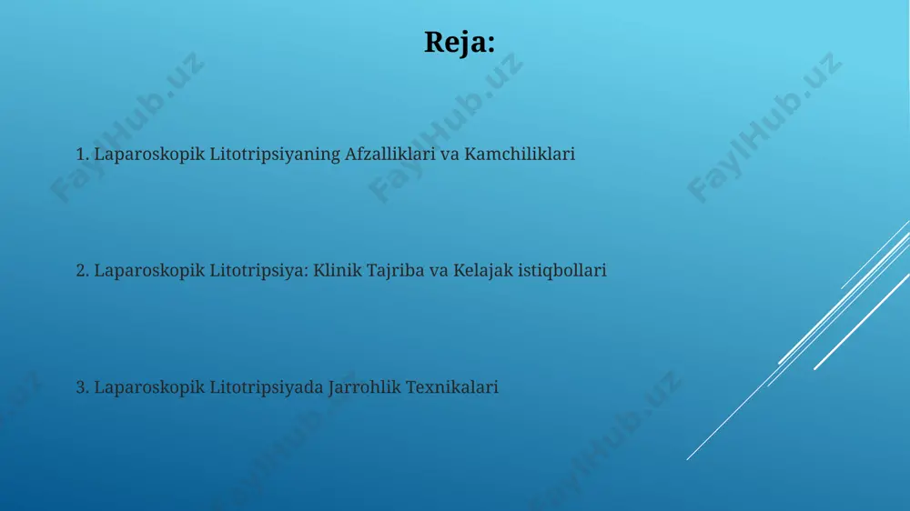 lib tashlashda 90% dan yuqori muvaffaqiyat ko'rsatkichiga ega. jarrohlik davomida minimal invaziv usul tufayli bemorlar tezroq tiklanadi, kasalxonada qolish muddati 2-3 kungacha qisqaradi va asoratlar soni sezilarli darajada kamayadi. toshlarni olib tashlash va drenajlash jarrohlik paytida toshlarni olib tashlash va drenajlash samaradorligini baholash uchun rentgenologik tekshiruvlar, masalan, kub (qorin bo'shlig'i ko'rinishi) rentgenografiyasi, qo'llaniladi. laparoskopik litotripsiyada 5-10 mm li trokarlardan foydalanib, mayda toshlarni olib tashlash va drenajlash jarayoni minimal invaziv boʻlib, bemorning tezroq tiklanishiga yordam beradi. laparoskopik litotripsiyada ishlatiladigan asboblar litotripsiya jarayonida toshlarning o‘lchami va joylashuviga qarab, ultratovush yoki lazer litotriptorlari, shuningdek, toshlarni ushlab turish va olib tashlash uchun 2-3 dona miniatyura klieşlar ishlatiladi. jarrohlik maydonini yaxshi ko‘rishni ta’minlash uchun yuqori aniqlikdagi 1080p yoki undan yuqori rezolyutsiyali video kamera va yorug‘lik manbai muhim ahamiyatga ega bo‘lib, jarayonni kuzatish va boshqarishni osonlashtiradi. bemorlarni kuzatuv va monitoring bemorlarning laparoskopik litotripsiyadan keyingi tiklanish davrida, taxminan 5-7 kun ichida, qorin bo'shlig'ida og'riq, isitma va boshqa …