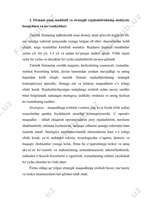 ketma-ketligini belgilash, axborot oqimlari va hisobotlarni belgilash. tezkor muammolar – ishlab chiqarish operatsiyalarini rejalashtirish, narxlarni shakllantirish, reklama operatsiyalari, tadqiqot ishlaridir. strategiyanig moslashuvchanligi firmanig tashkiliy tuzilishiga katta talablar qo‘yadi. unga ko‘ra firmaning tuzilishing o‘zgarayotgan holatga qarab moslashtirib borish kerak. turistik firmalarning tashkiliy tuzilishi ishlab chiqarishning tezkor moslashuvini ta’minlashi kerak. bunday o‘zagirshlar talabning pasayib ketishi yoki raqobatchilarning harakati tufayli, narxlarning tushib ketishi, firmanig bozordagi ulushi kamayib ketishi, yangi turdagi qandaydir mahsulotning misli ko‘rilmagan muvaffaqiyat qozonishi kabilar sababli yuzaga kelishi mumkin. turizmdagi strategik kontseptsiyaning eng samarali tadbirlarida biri hujumkor taktika o‘tkazish va resurslarni tejash choralari bilan birga quyidagilarni amalga oshirish hisoblanadi: faol marketing, yangi bozorlarni o‘rganish va o‘zlashtirish, turistik mahsulotlarni takomillashtirishga xarajatlarni ko‘paytirish (ularni zamonaviylashtirish hisobiga), yangi istiqbolli turlar va sayohatlarni joriy qilish hisoblanadi. bir vaqtning o‘zida firma rahbariyati almashtiriladi va mustahkamlanib boradi, kompleks tahlil va vaziyatni baholash amalga oshiriladi, zarurat tug‘ilsa strategik rejaga o‘zgartirishlar kiritiladi. shu rejaga muvofiq yangi moliyaviy, marketing, texnik …