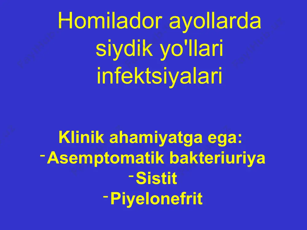 l diskineziyaga olib keladi. glyukokortikoidlar buyraklarda allaqachon boshlangan yashirin yallig'lanish jarayonini faollashtirishi mumkin. estrogenlar va progesteron qisqa muddatli giper- va diskineziya mvsni, keyin esa gipotenziya va gipokineziyani keltirib chiqaradi. - oldingi urologik patologiyasi bo'lmagan odamlarda mexanik va gormonal omillar deb ataladigan narsaga olib keladi. "fiziologik" ugn - klinik jihatdan ahamiyatli obstruktsiyasiz ureter va pclning kengayishi, tk. siydik yo'llarining o'tkazuvchanligi saqlanib qoladi, bu siydik o'tishini tiklashni talab qilmaydi! - ugn 3 oygacha davom etadi. tug'ilgandan keyin. - oldingi konservativ terapiya samaradorligi bilan faqat asemptomatik bakteriuriya va / yoki leykotsituriya yoki engil o'tkir pielonefrit mavjudligi siydik o'tishini tiklashni talab qilmaydi !!! pyelonefrit - buyrakning oraliq to'qimalarida, kanalchalarida, kalikslarida va tos bo'shlig'ida yuqumli-yallig'lanish jarayoni. o'ziga xos patogen yo'q - ko'pincha bu uretradan flora - escherichia coli, proteus va pseudomonas aeruginosa, kamroq tez-tez gr + mikroflora. homilador ayollarning pielonefriti ko'pincha homiladorlik davrida 1, uning ikkinchi yarmida sodir bo'ladi, kurs davomida u o'tkir (obstruktiv yoki …
