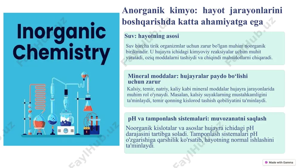 tezda marganets suvdan kislorod ajralib chiqishini ta’minlaydi, mis esa elektron tashish jarayonida ishtirok etadi. noorganik moddalar ko'plab biologik jarayonlarni, shu jumladan fermentlar faoliyatini, membrana orqali ionlar transportini va energetik jarayonlarni boshqarishda ishtirok etadi. bu esa noorganik kimyoni hayotiy jarayonlar uchun zarur qiladigan muhim omillardan biridir. bioorganik kimyo: anorganik kimyoning hayotda qo'llanilishi organik molekulalar bioorganik kimyo noorganik kimyoning printsiplarini organik molekulalarni o'rganishga qo'llaydi. uglevodlar, oqsillar, yog'lar, nuklein kislotalar – bularning barchasi noorganik atomlardan qurilgan va hayot jarayonlarida muhim rol o'ynaydi. biokimyoviy reaksiyalar hayotdagi barcha jarayonlar – oziq-ovqat hazm qilish, energiya ishlab chiqarish, mushaklarning harakati – biokimyoviy reaksiyalar orqali sodir bo'ladi. bu reaksiyalarda noorganik kimyoviy elementlar muhim qatnashchilardir. biokataliz fermentlar – organik katalizatorlar, ular biokimyoviy reaksiyalarning tezligini oshiradi va organizmning normal faoliyatini ta'minlaydi. noorganik kimyo fermentlarning tuzilishini, xossalarini va ishlash mexanizmlarini tushunishga yordam beradi. 5 anorganik kimyoning bioinjeneriyadagi ahamiyati bioinjeneriya sohasida anorganik moddalar va materiallar biologik tizimlar bilan o‘zaro aloqada bo‘lgan texnologiyalar …