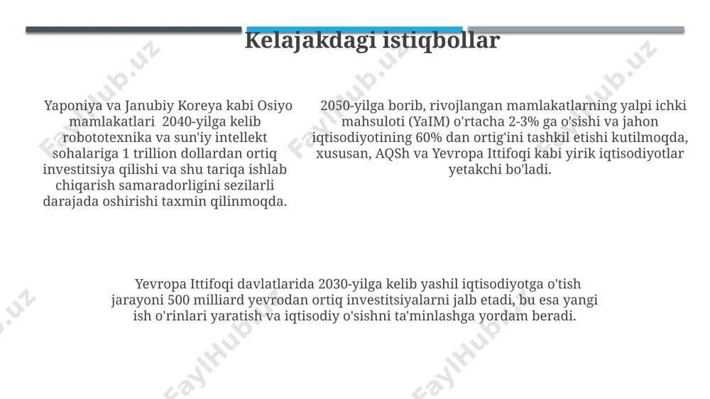 i 62 yoshdan 64 yoshga ko‘tarilishi, ijtimoiy ta’minot tizimining moliyaviy barqarorligini ta’minlashga qaratilgan islohotlarning bir qismidir, bu o‘zgarishlar 2030-yilga borib, 10 milliard evro tejashlini kutmoqda. germaniyaning ijtimoiy ta’minot tizimi, 2022-yil ma’lumotlariga ko‘ra, yalpi ichki mahsulotning 20 foizdan ortig‘ini tashkil etdi, bu esa nafaqalar, sog‘liqni saqlash va ishsizlik nafaqalarini qamrab oladi. yaponiyaning keksaygan aholisi sonining ko‘payishi tufayli, 2050-yilga kelib, ijtimoiy ta’minot tizimining xarajatlari yalpi ichki mahsulotning 30 foizidan oshishi prognoz qilinmoqda. xizmat ko'rsatish sohasining ahamiyati xizmat ko'rsatish sohasi 20 milliondan ortiq ish o'rinlarini yaratgan bo'lib, yevropa ittifoqi mamlakatlarida bu ko'rsatkich 30% ni tashkil etadi. rivojlangan mamlakatlarning yaimida xizmat ko'rsatish sohasining ulushi 70% dan yuqori bo'lib, aqsh, yaponiya va germaniya kabi davlatlarda bu ko'rsatkich yanada yuqori. rivojlangan mamlakatlarning yaimida xizmat ko'rsatish sohasining ulushi 70% dan yuqori bo'lib, aqsh, yaponiya va germaniya kabi davlatlarda bu ko'rsatkich yanada yuqori. davlatning iqtisodiy siyosati жанубий кореянинг 2022 йилдаги иқтисодий ўсиши 2,6% ни ташкил этди, бу давлатнинг …