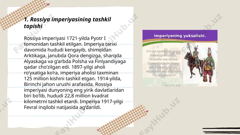 tini mamlakatga olib kirishga harakat qildi. shuningdek, soliq tizimi qayta ko'rib chiqildi va yangi tarzda joriy etildi. ilm-fan va sanoatni targ'ib qilish uchun akademiyalar va zavodlar tashkil qilindi. ... t.me/slaydai_bot rossiya hududiy kengayishi bir necha asrlar davomida sodir bo'lgan. xv asrda moskva knyazligi novgorod va boshqa rus zaminlarini birlashtirdi. xvi asrda ivan grozniy qozon va astraxanni qo'shib oldi. xviii asrda pyotr i boltiq dengiziga chiqish uchun hududlar qo'shdi. yekaterina ii davrida qora dengiz bo'ylariga intildi, qrimni qo'shdi. xix asrda sibir, kavkaz orti va markaziy osiyo bosib olindi. 1867 yilda alyaska aqshga sotildi. xx asrda sssr davrida hududlar sotsialistik respublikalarga bo'lingan bo'lsa-da, rossiya federatsiyasi asosiy davlat hisoblangan. 1991 yilda sssr parchalanishi natijasida rossiya bugungi chegaralariga ega bo'ldi. ... t.me/slaydai_bot 7. shimoliy urush va uning ta’siri shimoliy urush (1700-1721) rossiya imperiyasi va shvetsiya qirolligi o‘rtasidagi harbiy mojaro bo‘lib, boltiqbo‘yi ustidan nazorat uchun jang qilindi. rossiya pyotr i yetakchiligida shvetsiyani mag‘lub etib, boltiq …