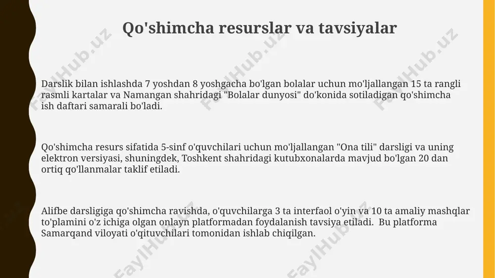 ilarga singdirishga harakat qilishi lozim. o'qituvchi alifbe darslikdagi 5 ta asosiy o'yin texnikasidan kamida 3 tasini samarqand viloyatidagi 1-sinf o'quvchilariga qo'llab, ularning nutq va til rivojlanishiga yordam berishi kerak. o'quv jarayonini tashkil etish o‘quv jarayonida interfaol usullardan foydalanib, 7-8 kishilik kichik guruhlarda ishlash, har bir darsda kamida 15 daqiqa amaliy mashqlarga ajratish va natijalarni baholash uchun 10 ballli tizim qo‘llash tavsiya etiladi. alifbe darsligidagi har bir mavzu bo‘yicha kamida 3 ta turli xil o‘quv faoliyatlari, jumladan, 10 ta amaliy mashq, 5 ta individual va 5 ta guruhiy topshiriqlar, toshkent shahrida sinovdan o‘tkazilgan. o‘quv jarayonini tashkil etishda, 1-sinf o‘quvchilari uchun alifbe darsliklarida 20 ta yangi so‘z va 5 ta hikoya mavzusi samarqand viloyati misolida ko‘rsatilgan holda, o‘yin uslubida taqdim etish tavsiya etiladi. e'tiboringiz uchun rahmat @taqdimot_robot
