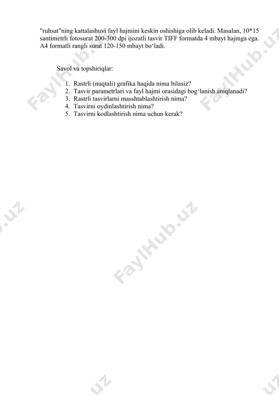 yuter xotirasiga o‘tkaziladi. xuddi shu yerda kompyuter grafikasi boshlanadi va axborotni ifodalashda kompyuter vositasidan foydalanamiz. matrisa-bu to‘g‘ri burchakli sonlar yoki matematik ifodalar jadvali bo‘lib, ixtiyoriy sondagi qator va ustunlardan tashkil topgan. kompyuter texnologiyasida har qanday informasiyani saqlash qurilmasi matrisa ko‘rinishiga asoslanadi va uning harbir yacheykasi adresni aniqlashga xizmat qiladi. haqiqatdan kompyuterli tasvirda oydinlashtirishning qo‘llanilishi bo‘sh matrisa tashkil etishdan boshlanadi va uning har bir yacheykasiga grafik axborotning u yoki bu kodi-son yoziladi. tasvirga kiritilgan oydinlashtirish to‘rini bir qiymatli o‘rnatilishi, amaliy dastur vositalari yordamida virtual matrisa tashkil etishga xizmat qiladi. matrisadagi yacheykalarning soni ma’lumotlar massivini saqlashga etarli bo‘lishi kerak. oydinlashtirish to‘ri-bu umumiy holda jadval yoki matrisa hisoblanadi. oydinlashtirish to‘rida vertikal va gorizontal bo‘yicha yacheykalar soni matrisadagi qator va ustunlar soniga mos bo‘lishi kerak. rastrli (nuqtali) grafikada tasvirlar nuqtalardan hosil qilinadi. shuning uchun uning asosiy tushunchasi- "ruhsat" (bir birlik uzunlikka to‘g‘ri keladigan nuqtalar soni) bo‘lib, uning quyidagi shakllari mavjud, originalga ruhsat ekranda tasvirga …