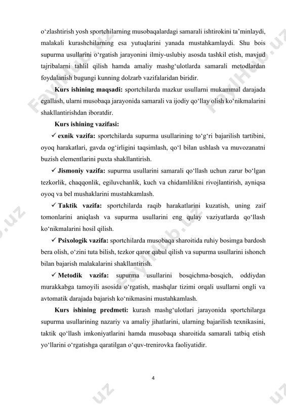 f tomonlarini aniqlash va supurma usullarini eng qulay vaziyatlarda qo‘llash ko‘nikmalarini hosil qilish. · psixologik vazifa: sportchilarda musobaqa sharoitida ruhiy bosimga bardosh bera olish, o‘zini tuta bilish, tezkor qaror qabul qilish va supurma usullarini ishonch bilan bajarish malakalarini shakllantirish. · metodik vazifa: supurma usullarini bosqichma-bosqich, oddiydan murakkabga tamoyili asosida o‘rgatish, mashqlar tizimi orqali usullarni ongli va avtomatik darajada bajarish ko‘nikmasini mustahkamlash. kurs ishining predmeti: kurash mashg‘ulotlari jarayonida sportchilarga supurma usullarining nazariy va amaliy jihatlarini, ularning bajarilish texnikasini, taktik qo‘llash imkoniyatlarini hamda musobaqa sharoitida samarali tatbiq etish yo‘llarini o‘rgatishga qaratilgan o‘quv-trenirovka faoliyatidir. kurs ishining obyekti: kurash sporti bilan shug‘ullanayotgan sportchilar va ularning mashg‘ulot jarayonida supurma usullarini egallashga qaratilgan texnik-taktik tayyorgarlik faoliyatidir. kurs ishining tarkibiy tuzilmasi: ushbu kurs ishi kirish qism, asosiy qism, 2 ta bob, 6 ta reja, xulosa va foydalanilgana adabiyotlardan iborat. i.bob. kurashda supurma usullarining nazariy asoslari 1.1.supurma usullarining kurash texnikasidagi o‘rni va ahamiyati. supurma usullarining kurash texnikasidagi o‘rni …
