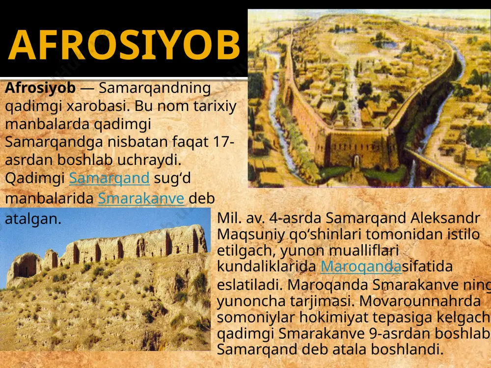 d sugʻdiyonaning bosh shahri sifatida nufuzli mavqega ega boʻlib, shahar ijtimoiy va iqtisodiy hayotida tub oʻzgarishlar yuz berdi. badavlat dehqon xoʻjaliklari kuchaydi, xuddi shu kezlarda ularning qasrlari joylashgan afrosiyobning shim. qismi mudofaa devori bilan oʻrab olindi. bu holat movarounnaxr va unga qoʻshni viloyatlarda ham yuz berdi. bu davrda samarqand hukmdorlari „ixshid“, buxoro hukmdorlari esa „buxorxudot“ deb atalgan. 1220 yilda chingizxon qoʻshinlari „juyi arziz“ toʻgʻonini buzib, shaharni suvsiz qoldirdi. shahar mudofaachilari tengsiz jangda taslim boʻldilar. bosqinchilar shaharning devor va darvozalarini vayron qilib saroy, masjid va madrasalarga, aholi xonadonlariga oʻt qoʻydilar. aholining katta qismi jangda qirildi, hunarmandlar moʻgʻulistonga haydab ketildi. shaharni soʻnggi mudofaachilari jome masjidiga yashirinib, qarshilikni davom ettirdilar. ularning olovda yongan tanalari jang kiyimida bizgacha etib kelib, arxeologik qazish vaqtida topildi. „qoʻrgʻoshin ariq“ qayta tiklanmadi. afrosiyobda suvsiz qolgan aholi siyobdan charxpalakda suv chiqarib, kun kurgan, soʻng aholi bora-bora ani butunlay tashlab ketgan. kimsasiz xarobaga aylangan qadimgi samarqand avvallari „hisori koʻhna“, „qalʼai …
