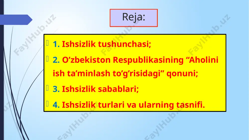 lum bir miqdorda to’lanadigan nafaqalar ham belgilab qo’yilgan. ishsizlik sabablari ishsizlikning uchta asosiy sababi bor: ishdan bo'shatish; ishdan ixtiyoriy ravishda voz kechish; mehnat bozoriga birinchi kirish. ishsizlik turlari va ularning tasnifi. friksion (oraliq) ishsizlik – bir ishdan boshqa ishga joylashgunga qadar bo’lgan davrdagi ishsizlik. tarkibiy ishsizlik – yangi kasb va mutaxassislik o’zlashtirib yoki boshqa joyga ko’chib o’tib, yangi ishga joylashgunga qadar bo’lgan ishsizlik. siklik ishsizlik – iqtisodiy siklningning inqiroz fazasi bilam bog’liq bo’lib, u ishlab chiqarishning pasayishi va yalpi talabning qisqarishi natijasida vujudga keladi va siklning yuksalish fazasida mavjud bo’lmaydi. institutsional ishsizlik – ishchi kuchi bozori infratuzilmasi muassasalarining yetarli darajada rivojlanmaganligi yoki samarali faoliyat ko’rsatmaganligi natijasida paydo bo’ladi. texnologik ishsizlik – ishlab chiqarish jarayonida texnologik usullarning kirib kelishi bilan bog’liq bo’ladi. hududiy ishsizlik – muayyan hududdagi tarixiy, demografik, madaniy, milliy va ijtimoiy-ruhiy xususiyatdagi bir qator kompleks omillar ta’siri ostida ishchi kuchi talabi va taklifi o’rtasidagi nomutanosiblik natijasi hisoblanadi. yashirin ishsizlik …
