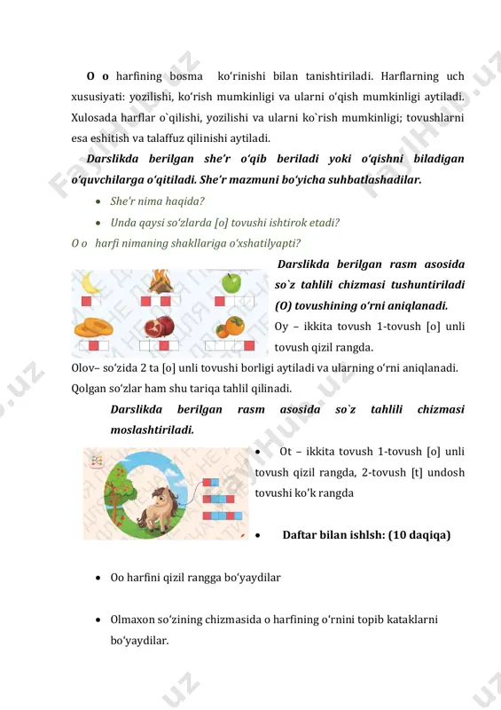 hdingiz? -mashg‘ulotda nimalarni eslab qoldingiz? 6-mavzu: [t] tovushi. tt harfi dars maqsadi: - [t] tovushining talaffuzi va tt harfining bosma shakli bilan tanishadilar ; - [t] undosh tovush ekanligini bilib oladilar. - so’zlardan [t] tovushining o‘rnini aniqlashni o‘rganadilar; - so`zni bo`g`inga bo`lib, undagi tovushlar sonini aniqlaydilar; tayanch so‘zlar: omonim so‘zlar, ochiq va yopiq bo`g`in, [t ] tovushi, didaktik materiallar: ko`k va qizil rangli kichik kvadratlar, rasmli kartochkalar, toshkent shahri rasmlari darsning borishi: i.kirish qismi (5 daqiqa) kalendar : o‘quvchilardan bugungi kun sanasi so‘raladi. faollashtirish mashqi: birgalikda kuylaymiz mashqi: o‘qituvchi har bir qator uchu bittadan notani tanlab, uni ko’rsatma bilan navbat bilan kuylashni so’raydi. masalan: 1- qatordagilar do, 2- qatordagilar mi, uchinchi qatordagilar re. o’quvchilar bir necha marta kuylaganlaridan keyin endi shu notalarni tezroq kuylash so`raladi. asosiy qism (40 daqiqa) 1.amaliy topshiriq bajarish: (5 daqiqa) o`qituvchi doskaga ot, it, o`t rasmni qo`yadi. o`quvchilardan bu rasmlarni ifodalovchi so’zlarda oxirgi tovushini aniqlashni so`raydi. …
