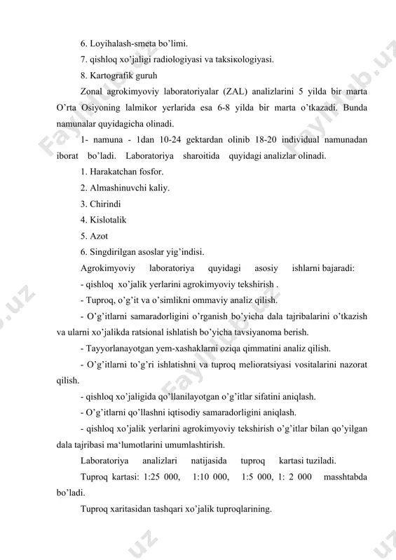 likning ximizatsiya punktida mexanizatsiyalashgan (tarozilar va o’g’it aralashtirgich qurilmalari mavjud) ombor bo’lishi kerak. ximizatsiya punktining asosiy vazifasi quyidagilardan iborat. - mineral va mahaliy o’g’itlardan shuningdek, o’simliklarni ximoya qilish vositalaridan samarali foydalanishini ta‘minlash. - o’g’it aralashmalar va zaharli dorilar eritmalarini tayyorlash - o’g’itlar solish, ekinlarni gerbitsidlar va zaharli preparatlar bilan dorilash. - zal mutaxassislari rahbarligida, o’g’itlar ustida dala sharoitida tajribalar o’tkazish. - xo’jalikning o’g’itlarga bo’lgan ehtiyojini aniqlash. - keltirilayotgan o’g’itlarni hisobga olishni hamda ulardan tuproqlarning agrokimyoviy ta‘rifi va plandagi hosilga qarab ekinlar va dalalarda foydalanishni tashkil qilish. xo’jalikdagi ximizatsiya punktida agroximiya xizmati sistemasining so’ngi ishlab chiqarish zvenosi hisoblanadi. ximizatsiya punkti xo’jalik ichidagi ixtisoslashgan bo’linma hisoblanib, o’g’itlarni taqsimlash, qabul qilish, saqlash, tayorlash va dalalarga yetkazib berish vazifalarini bajaradi. o’g’itlarni agroximiya kartogrammalari asosida o’z vaqtida hamda tabaqalashtirib ishlatilishi ustidan nazorat qilish ham punkt vazifasidir. adabiyotlar: 1. niyozaliev, otabekov va boshqalar "agrokimyodan amaliy mashg’ulotlar" toshkent "mexnat" 1989 y. 2. a mavlonov, i.chumachenko, a abdujalolov …