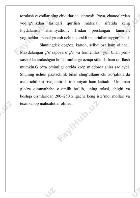 ekin hosil organlari odatda ko‘plab to‘kiladi. masalan, o‘rta tolali g‘o‘zalarda hosil organlarining taxminan 60-70 % to‘kilsa, uzun tolali g‘o‘zalarda biroz kamroq bo‘ladi. ichki konuslarda kamroq, tashqi konusda ko‘proq, ichki konusdan tashqi konusga to‘kilish o‘saboradi, bir konus doirasida pastdan yuqoriga qarab asta sekin kamaya boradihosil organlarining to‘kilishiga namning ko‘p yoki ozligi, oziqa elementlari va uglerodning yetishmasligi, azotning ortiqchaligi, yorug‘likning kamligi, harorat yuqoriligi, zararku- nanda va kasallikka chalinishi, urug‘ kurtakning urug‘lanmasligi sabab bo‘ladi. 1.2.haroratga talabi. g‘o‘za issiq tropik zonadan kelib chiqqanligi uchun ham issiqga talabchan bo‘ladi. chigit unib chiqib normal o‘sishi va rivojlanishi uchun mo‘tadil (optimal) harorat 25-350s hisoblanadi. harorat 170s tushganda rivojlanish susayib qoladi.g‘o‘zaning zo‘rg‘a rivojlanishi va chigitning una boshlashi uchun minimal (pastki) harorat 10-12 0s hisoblanadi. harorat o 0s pastga tushganda uni sovuq uradi, yosh maysalarni –1 –20s, voyaga yetgan g‘o‘zalarni –3-50s sovuq zararlaydi.harorat 36-370 dan oshganda (maksimal) g‘o‘zaga ortiqchalik qiladi, 40 0s esa rivojlanishiga salbiy ta’sir ko‘rsatadi. g‘o‘zaning har …