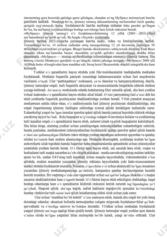 rdagi 37 ta byuro faoliyat ko‘rsatmoqda. cnn yangiliklari 38 ta kosmik yo‘ldosh signallari yordamida uzatiladi, uni 212 mamlakat va hududdagi 1,5 milliard odam bir vaqtning o‘zida ko‘rish imkoniga ega. 1991 yilning yanvarida aynan cnn yordamida fors ko‘rfazida olib borilgan harbiy harakatlar to‘g‘ridan-to‘g‘ri teleefirga olib berildi. 2001 yilning 11 sentyabridagi terrorchilik amaliyoti haqidagi telesyujetlar ham shu kompaniya harakati tufayli butun dunyoga voqea sodir etilgan joydan to‘g‘ridan-to‘g‘ri uzatib turildi. bi-bi-si eshittirishlar korporatsiyasiga (british broadcasting corporation, bbc) esa 20 dan ortiq telekanal va 14 ta radiokanal, bir qator saytlar va 40 yaqin jurnallar tegishlidir. vvs 40 dan ortiq tillarda eshittirishlar olib boradi. reyter axborot agentligida dunyoning 91 mamlakatida 14 000 xodim, shu jumladan, 2300 jurnalist, fotomuxbir va videooperatorlar ishlaydi. reyter agentligi dunyoning turli mamlakatlarida 197 ta byurosiga ega. agentlik xabarlari bilan har kuni 1 milliard odam tanishadi. ushbu misollar ham bugungi kunda oav qamrov doirasining naqadar kengligini muayyan darajada tasavvur qilish imkonini beradi. …