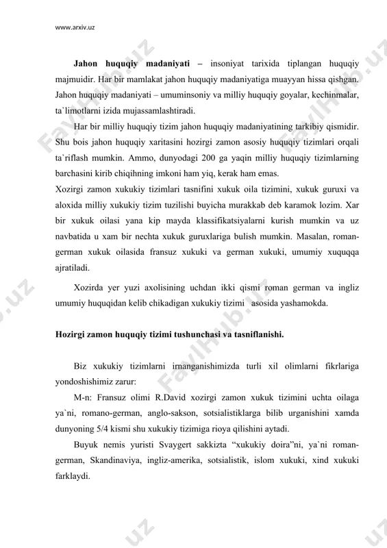 kan xolda sakkizga asosiy xukuk oilasini ajratib urganamiz: 1) roman-german umumiy xukuk oilasi musulman xukuk oilasi lotin amerikasi skandinaviya xukuk oilasi xind xukuk oilasi afrika uzok shark roman-german va anglosakson huquq oilasi tushunchasi va xususiyatlari. 1) roman-german - bu xukuk oilasiga yevropa kit`asida rim kanonik xukuki va maxalliy an`analar asosida yuzaga kelgan xukuk tizimlari kiritiladi. u rim xukukini italyan, fransuz va nemis universitetlarida ukitish yuli bilan xii - xvi asrlarda yustinian qonunlari tuplami asosida shakllangan, kupgina yevropa davlatlari uchun umumiy bulgan yuridik fan sifatida yuzaga keldi. uning xukuk manbai sifatida rim huquqi ishtiroq etadi. romano-german xukuk tizimida xukuk manbaalaridan biri bilib odat xukuki xam xisoblanadi. u ba`zida konunga kushimcha, , konundan tashkari xollarda xam kullaniladi, m-n dengiz x-kida. roman-german xukuk tizimini biz ikkita guruxga bulamiz. 1) roman-guruxi - fransiya, belgiya, lyuksemburg, gollandiya, italiya, portugaliya, ispaniy. 2) german - xukuki shveysariya, avstriy. bu guruxda fransuz xukukni eng kuchli xisoblanadi. rim - …