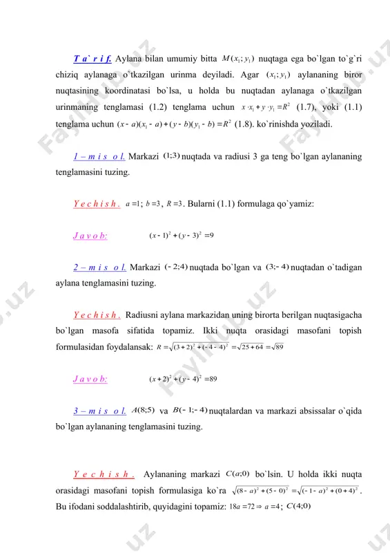 c h i s h . aylananing markazi bo`lsin. u holda ikki nuqta orasidagi masofani topish formulasiga ko`ra . bu ifodani soddalashtirib, quyidagini topamiz: ; . aylananing tenglamasi: . 4 – m i s o l. aylananing radiusini va markazining koordinatalarini toping: y e c h i s h . berilgan tenglamani ushbu ko`rinishda yozamiz: va ikki hadlarni to`la kvadratlargacha to`ldirib, ushbuni hosil qilamiz: yoki , bundan ; , . adabiyotlar: 1. t.jo`raev va boshqalar. “oliy matematika asoslari”. 1–qism, “o`zbekiston”, t. 1995 2. t.shodiev. “analitik geometriyadan qo`llanma”, “o`qituvhi”, t. 1973 3. b.a.abdalimov. “oliy matematika”, “o`qituvhi”, t. 1994 4. v.e.shneyder va boshqalar. “oliy matematika qisqa kursi” 1–qism, “o`qituvchi”, t. 1985 5. fizika, matematika va informatika (ilmiy – uslubiy jurnal), №4 va №6, 2004 6. s.p.vinogradov. oliy matematika “o`qituvchi”, t. 1964 7. www.ziyonet.uz 1.1 x a n y x a r r 0 a (0,0) b y a x _1206886587.unknown _1206888417.unknown _1206889357.unknown …