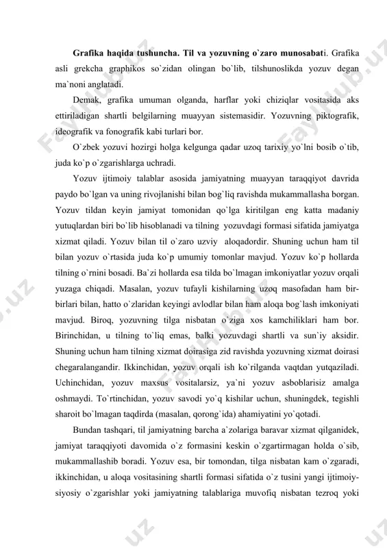 , qorong`ida) ahamiyatini yo`qotadi. bundan tashqari, til jamiyatning barcha a`zolariga baravar xizmat qilganidek, jamiyat taraqqiyoti davomida o`z formasini keskin o`zgartirmagan holda o`sib, mukammallashib boradi. yozuv esa, bir tomondan, tilga nisbatan kam o`zgaradi, ikkinchidan, u aloqa vositasining shartli formasi sifatida o`z tusini yangi ijtimoiy-siyosiy o`zgarishlar yoki jamiyatning talablariga muvofiq nisbatan tezroq yoki butunlay o`zgartirishi ham mumkin. qisqasi, yozuv ko`p jihatdan tilga yaqin bo`lib, ba`zi hollarda uning o`rnini bosa olsa ham, lekin funktsiyasi jihatdan unga nisbatan ancha chegaralangandir. shuning uchun ham u jamiyatda aloqa vositasi sifatida til bilan teng huquqli bo`la olmaydi. til jamiyat bilan bir vaqtda yuzaga kelgan. u jamiyatning jamiyat bo`lishida asosiy rol o`ynovchi eng muhim omillardan biridir. shunga ko`ra tilsiz jamiyatning bo`lishi mumkin emas. lekin yozuvsiz jamiyat bo`lgan. jamiyatning kelgusi taraqqiyotida radio va televizion aloqa vositalari kabi yozuvdan ustunroq bo`lgan yangi vositalar ham yuzaga kelishi mumkin. og`zaki nutq va tovush tili aloqa vositasi sifatida kishilarning barcha ehtiyojlarini maksimal darajada …