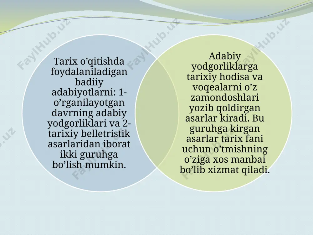 lik, vatan ishqi, xalq farovonligi va komil inson masalasi mumtoz adiblar ijodidagi bosh mavzu hisoblanadi. takrorlash uchun savollar 1.tarix darslarida badiy adabiyotdan foydalanishning maqsad. 2.badiy adabiyotlar klassifitsiyasi. 3 tarix darlarida badiy adabietlar /docprops/thumbnail.jpeg