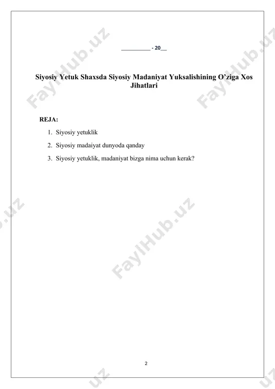 etuvchi umumiy tarixiy tajribalar orqali shakllanadi.[1] ziyolilar siyosiy madaniyatni ijtimoiy sohada siyosiy nutqlar orqali izohlashda davom etadilar.[1] darhaqiqat, elita siyosiy madaniyati ommaviy darajadan koʻra koʻproq oqibatlarga olib keladi.[3] ishonch siyosiy madaniyatning asosiy omili hisoblanadi, chunki uning darajasi davlatning ishlash qobiliyatini belgilaydi.[3] postmaterializm — bu siyosiy madaniyatning inson huquqlari va ekologiya kabi bevosita jismoniy yoki moddiy ahamiyatga ega boʻlmagan masalalar bilan bogʻliqligi darajasi.[1] almond va verba[tahrir | manbasini tahrirlash] gabriel almond va sidney verba "fuqarolik madaniyati" asarida siyosiy ishtirok etish darajasi va turiga hamda odamlarning siyosatga munosabati xususiyatiga asoslangan siyosiy madaniyatning uchta sof turini belgilab berdilar: · paroxial — bu yerda fuqarolar markaziy hukumat mavjudligidan faqat uzoqdan xabardor boʻlib, davlat tomonidan qabul qilingan qarorlardan qatʼi nazar, uzoq va siyosiy hodisalardan bexabar oʻz hayotlarini yetarlicha yaqinlashtiradilar. ularda na bilim, na siyosatga qiziqish bor. ushbu turdagi siyosiy madaniyat odatda anʼanaviy siyosiy tuzilishga mos keladi. · mavzu — fuqarolar markaziy hukumatdan xabardor boʻlgan va …