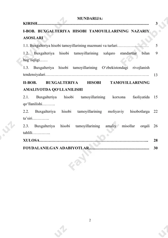 illarining qonunchilikka, xalqaro standartlarga moslashuvi, ularning raqamli muhitga integratsiyalashuvi hozirgi davr talabi hisoblanadi. prezident shavkat mirziyoyev rahbarligida olib borilayotgan iqtisodiy va institutsional islohotlar buxgalteriya hisobining zamonaviy tamoyillarga asoslangan holda takomillashuvini jadallashtirmoqda. 2022-yil 28-yanvarda qabul qilingan pf-60-sonli[footnoteref:1] “2022–2026-yillarga mo‘ljallangan yangi o‘zbekistonning taraqqiyot strategiyasi to‘g‘risida”gi farmonda buxgalteriya hisobini xalqaro moliyaviy hisobot standartlariga (ifrs) muvofiq olib borish zarurligi ta’kidlangan. mazkur hujjatda davlat boshqaruv organlaridan tortib, xususiy sektor korxonalarigacha moliyaviy shaffoflikni ta’minlashga alohida urg‘u berilgan. shuningdek, 2023-yil 11-sentabrda e’lon qilingan pf-158-sonli[footnoteref:2] “o‘zbekiston — 2030” strategiyasi doirasida buxgalteriya hisobi sohasida axborot texnologiyalarini keng joriy qilish, elektron hujjat aylanishi, audit tizimini mustahkamlash va hisob tamoyillarini soddalashtirish kabi masalalar kun tartibiga qo‘yilgan. [1: o‘zbekiston respublikasi prezidentining 2022-yil 28-yanvardagi pf-60-son farmoni – “2022–2026-yillarga mo‘ljallangan yangi o‘zbekistonning taraqqiyot strategiyasi to‘g‘risida”.] [2: o‘zbekiston respublikasi prezidentining 2023-yil 11-sentabrdagi pf-158-son farmoni – “o‘zbekiston – 2030” strategiyasi to‘g‘risida.] zamonaviy buxgalteriya hisobi tamoyillari orqali korxonalar o‘z faoliyatini moliyaviy tahlil qilish, daromad va xarajatlarni aniq …