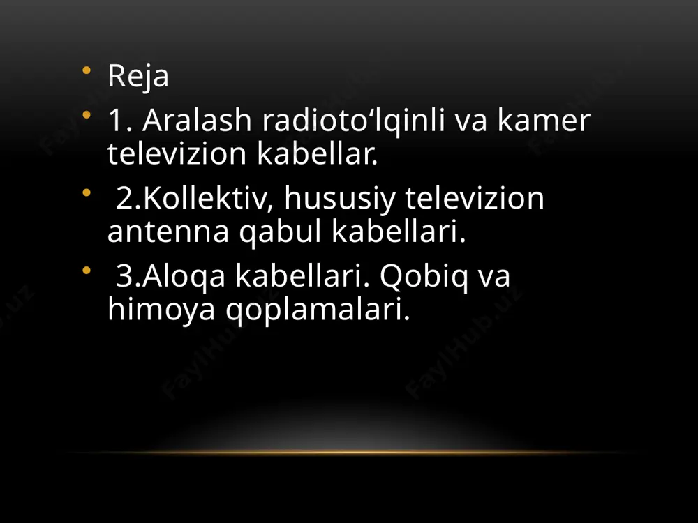 lar o‘zgarmas elektr xarakteristikali bo‘lishi kerak. eng yaxshi dielektrik havo hisoblanib, ko‘pincha aralash izolyatsiya qo‘llaniladi. keng ishlatiladigan plastmassalar – stirofleks, polietilen, ftoroplast, polivinilxlorid va boshqalardir. simmetrik aloqa kabellari: naysimon (nay qo‘rinishida simga spiralli yotqizilgan), yaxlit, g‘ovaksimon (ko‘pik plast), ballonli (naysimon davriy siqilgan), kordel-naysimon (plastmassa kordel va nay) qilib ishlab chiqariladi. 31-rasmda simmetrik aloka kabellari konstruktsiyalari keltirilgan. konstrurktsiya quyidagicha o‘raladi: . simmetrik aloqa kabellari konstruktsiyalari qobiq va himoya qoplamalari. qobiqlar – metalli, plastmassali va metall plastmassali qilib tayyorlanadi. metallisimon-qo‘rg‘oshinli, aluminiyli va po‘latli qilib tayyorlanadi. qo‘rg‘oshinli – qaynoq holda siqish usuli bilan yotqiziladi. aluminiylisi – qaynoq holatda siqib yotqiziladi yoki egib yotqizib yondosh qismlari payvandlanadi; elektr kimyoviy korroziyadan aluminiyni saqlash uchun pvx va pe shlanglari qoplanadi; po‘lat qobiq qalinligi 0,3 – 0,5 mmli tasmani naysimon holda tayyorlanib tutash qismlari payvandlanadi. uni korroziyadan himoyalash uchun pvx yoki pe shlangi yotkiziladi. plastmassali qobiq – pvx, pe poliizobutilen kompozitsiyasidan tayyorlanadi. aralash metallplastik – shakllangan aluminiy …
