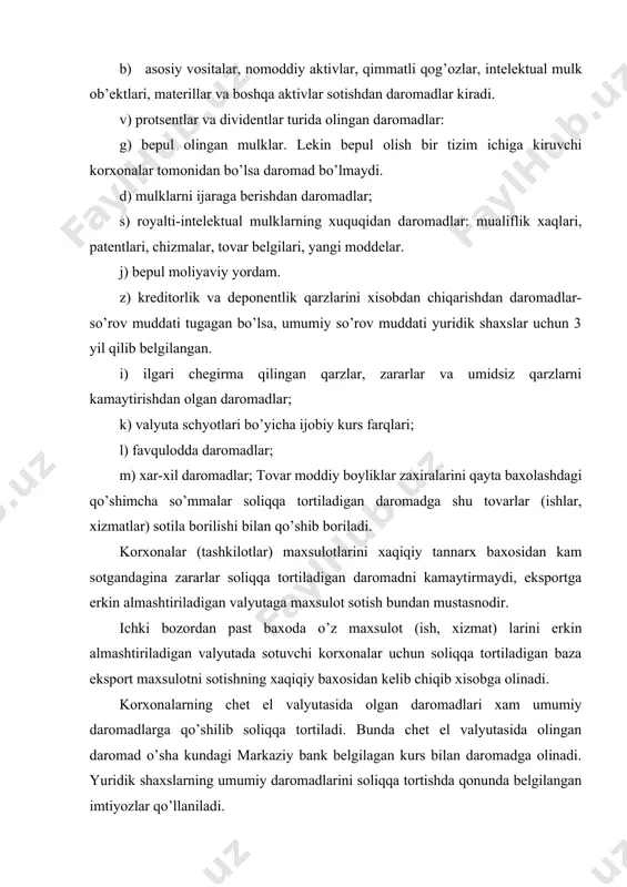 ari soliq mexanizmining tarkibiy qismlaridan biri bo’lib, soliq tizimida muhim o’rin tutadi. soliq imtiyozlari vositasida soliqlarning rag’batlantirish va tartibga solish funktsiyalari bajariladi. imtiyozlar soliqdan ozod qilishi, chegirtmalar va to’lov muddatlarini kechiktirish kabi usullarda bo’lishi mumkin. o’zbekiston respublikasining soliq kodeksiga muvofiq soliq bo’yicha imtiyozlari quyidagi yo’nalishlarda berilgan: 1. soliq to’lashdan ozod etish; 2. yangi tuzilgan korxonalar uchun imtiyozlar; 3. soliqdan vaqtincha ozod etish; 4. soliq solish bazasini kamaytirish; 5. ajnabiy sheriklarga imtiyozlar berish; 6. mahalliy hokimiyat va boshqaruv idoralari tonidan beriladigan imtiyozlar; 7. soliqlardan qisman ozod etish; 8. tovar eksportiga imtiyoz berish va boshqalar. davlat iqtisodiyotni biron-bir tarmog’ini rivojlantirishga rag’batlantirish uchun imtiyozlar tizimidan keng foydalanadi. tarmoqni yoki biron faoliyat turini rivojlantirishda dastlab keng miqyosda imtiyozlar beriladi, keyinchalik rivojlanish izga tushgandan so’ng soliq imtiyozlarini qaytarib olish boshlanadi. respublikamiz soliq tizimida ham soliq imtiyozlaridan keng foydalanadi. hozirgi paytda soliq bo’yicha imtiyozlardan asosan chet el investitsiyasini jalb etishda, kichik va o’rta tadbirkorlikni rivojlantirishda, korxona …