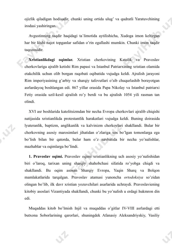 aqozosidir. xristianlikdagi oqimlar. xristian cherkovining katolik va pravoslav cherkovlariga ajralib ketishi rim papasi va istanbul patriarxining xristian olamida etakchilik uchun olib borgan raqobati oqibatida vujudga keldi. ajralish jarayoni rim imperiyasining g’arbiy va sharqiy tafovutlari o’sib chuqurlashib borayotgan asrlardayoq boshlangan edi. 867 yillar orasida papa nikolay va istanbul patriarxi fetiy orasida uzil-kesil ajralish ro’y berdi va bu ajralish 1054 yili rasman tan olindi. xvi asr boshlarida katolitsizmdan bir necha evropa cherkovlari ajralib chiqishi natijasida xristianlikda protestantlik harakatlari vujudga keldi. buning dоirasida lyuteranlik, baptizm, anglikanlik va kalvinizm cherkovlari shakllandi. bular bir cherkovning asosiy marosimlari jihatidan o’zlariga xos bo’lgan tomonlarga ega bo’lish bilan bir qatorda, bular ham o’z navbatida bir necha yo’nalishlar, mazhablar va oqimlarga bo’lindi. 1. pravoslav oqimi. pravoslav oqimi xristianlikning uch asosiy yo’nalishidan biri o’laroq, tarixan uning sharqiy shahobchasi sifatida ro’yobga chiqdi va shakllandi. bu oqim asosan sharqiy evropa, yaqin sharq va bolqon mamlakatlarida tarqalgan. pravoslav atamasi yunoncha ortodoksiya so’zidan olingan …