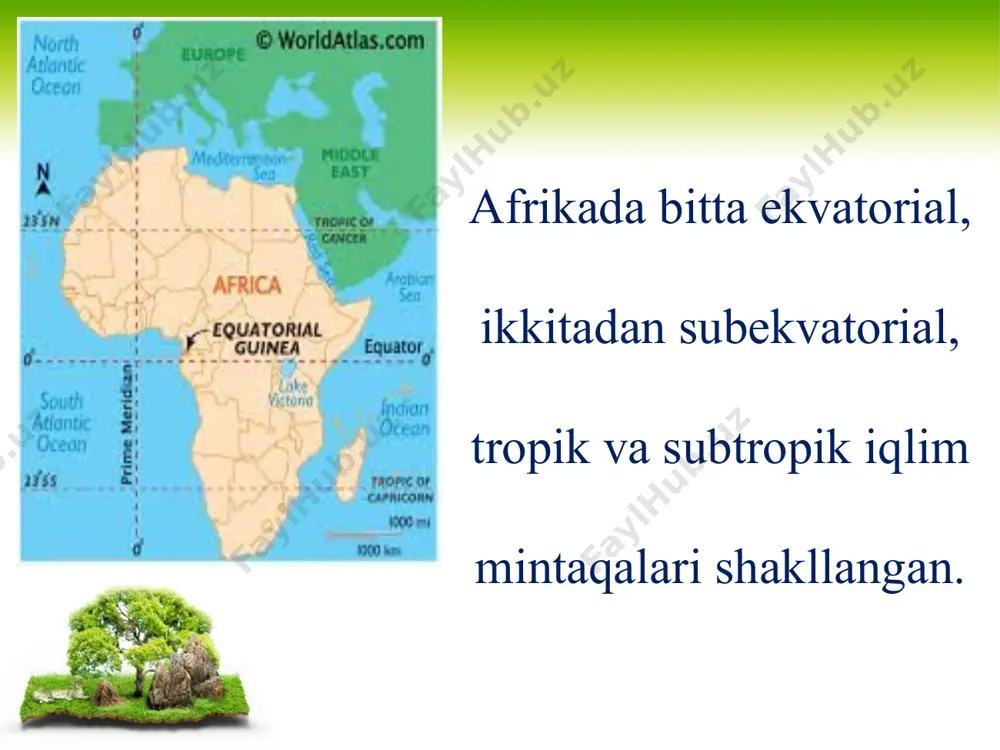 iy tropikning yoz oylarida vaqt-vaqti bilan kuchli samum (arabcha — issiq shamol) va hamsin (issiq, quruq, kuchli janubiy va janubi-g‘arbiy shamol) shamoli esib, qum bo‘roni bo‘lib turadi. quruq o‘zan — vodiylar to‘satdan yog‘gan yomg‘ir suvi bilan to‘yinadi. subtropik iqlim mintaqasi. afrikaning chetki janubiy va shimoliy hududlari subtropik iqlim mintaqasida joylashgan. bu yerda mavsumiy havo massalari almashinadi: yozda dengiz tropik havosi, qishda mo‘tadil kengliklarning dengiz havosi hukmron. natijada, subtropiklarning o‘rta dengiz iqlimi tipi shakllangan. janubiy afrikaning janubi-sharqiy qirg‘oqbo‘yi hududlarida yog‘in yil davomida bir me’yorda yog‘adi, lekin musson shamollari yozda eng ko‘p yog‘in keltiradi. materikning shimoli g‘arbi (iyul oyining o‘rtacha harorati +27 +28 °c, yanvarda +11 +12 °c) va janubi-g‘arbida (iyul +13 +14 °c, yanvarda +21 °c), aksincha, yoz quruq keladi, qishda namgarchilik bo‘ladi.