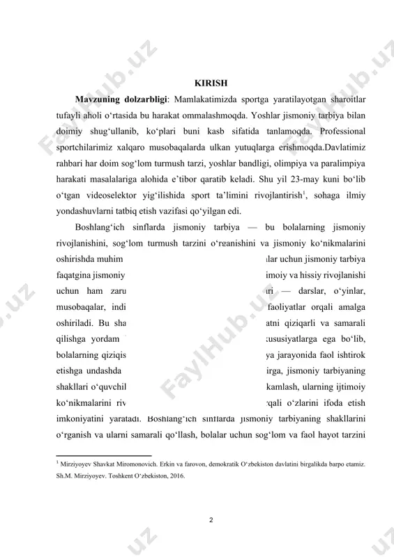 uvchilarning jismoniy salomatligini mustahkamlash, ularning ijtimoiy ko‘nikmalarini rivojlantirish va jismoniy mashqlar orqali o‘zlarini ifoda etish imkoniyatini yaratadi. boshlang‘ich sinflarda jismoniy tarbiyaning shakllarini o‘rganish va ularni samarali qo‘llash, bolalar uchun sog‘lom va faol hayot tarzini shakllantirishda muhim ahamiyatga ega.boshlang‘ich sinflarda jismoniy tarbiya o‘quvchilarning jismoniy va ruhiy rivojlanishini ta’minlashda, ularning umumiy salomatligini yaxshilashda, shuningdek, ijtimoiy ko‘nikmalarini shakllantirishda muhim rol o‘ynaydi. o‘quvchilarga jismoniy tarbiya orqali nafaqat jismoniy faollikni, balki axloqiy va psixologik jihatdan sog‘lom hayot tarzini ham o‘rgatish mumkin. jismoniy tarbiya boshlang‘ich sinfda o‘quvchilarning kundalik faoliyatiga mustahkam poydevor yaratadi, chunki bu yoshda o‘quvchilar jismoniy rivojlanishda eng yuqori darajada o‘sish jarayonini boshdan kechiradilar. o‘qituvchilar, pedagogik metodlarni qo‘llashda, jismoniy tarbiya mashg‘ulotlarining shakllarini to‘g‘ri tanlashlari va o‘quvchilarni faollikka rag‘batlantirishlari juda muhimdir. jismoniy tarbiyaning boshlang‘ich sinflarda o‘qitilishi, o‘quvchilarda o‘z imkoniyatlarini to‘liq anglash va sog‘lom turmush tarzini shakllantirishga yordam beradi. bu jarayon nafaqat jismoniy faollikni rivojlantirishga, balki o‘quvchilarni o‘zaro hurmat, jamoaviy ishlash, o‘z maqsadlariga erishish kabi ijtimoiy ko‘nikmalarni …