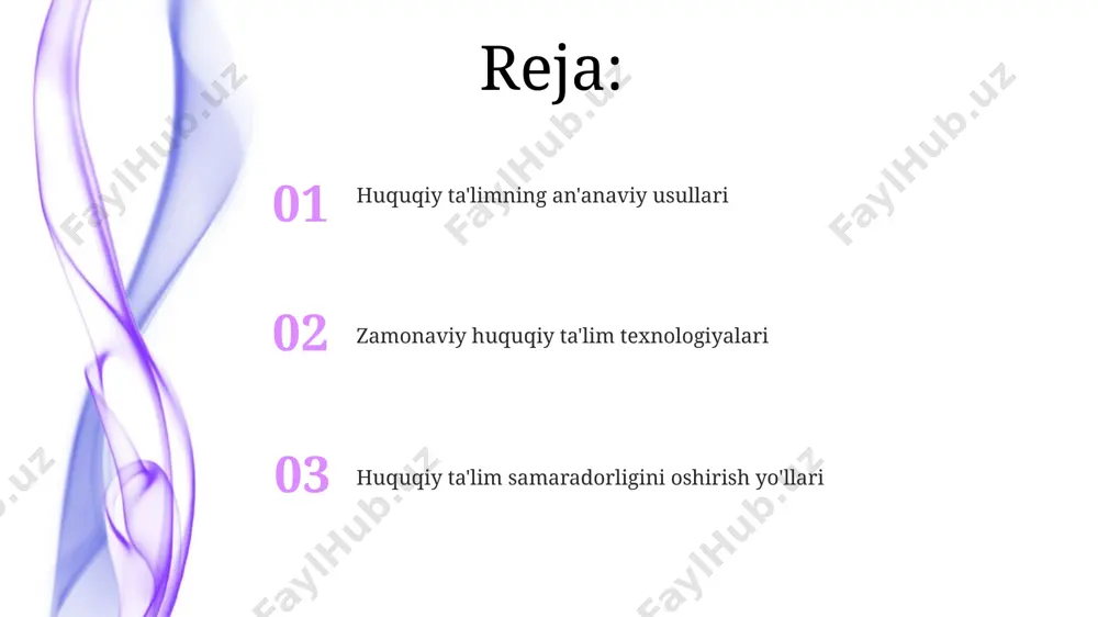 nish onlayn kutubxonalar va huquqiy ma'lumotlar bazalariga kirish imkoniyati talabalarning mustaqil tadqiqotlarini 40% ga oshirib, huquqiy tadqiqot metodologiyalarini o'zlashtirishga hissa qo'shadi. virtual simulyatsiyalar va interaktiv o'yinlar yordamida amaliy bilimlarni mustahkamlash imkoniyati 30% ga oshadi va bu huquqiy muammolarni hal qilish ko'nikmalarini rivojlantirishga yordam beradi. akt, masalan, onlayn kurslar orqali 20% ga ko'proq talabalarga huquqiy ta'limni yetkazish imkoniyatini beradi va shu bilan birga o'quv jarayonini 15% tezlashtiradi. huquqiy ta'limning an'anaviy usullari an'anaviy huquqiy ta'limda amaliy mashg'ulotlar, masalan, 10 dan ortiq turdagi hujjatlarni tahlil qilish, huquqiy holatlarni modellashtirish kabi vazifalarni bajarish orqali o'rganish jarayoni amalga oshiriladi. huquqiy ta'limning an'anaviy usullaridan biri – 50 dan ortiq yillardan buyon qo'llanilib kelinayotgan ma'ruza uslubi bo'lib, u talabalarning nazariy bilimlarini mustahkamlashga qaratilgan. imtihonlar, testlar va referatlar kabi baholash tizimi an'anaviy huquqiy ta'limda talabaning 3 ta asosiy komponent – nazariy bilim, amaliy ko'nikma va tahliliy qobiliyatini baholashga yo'naltirilgan. taqqoslash usuli таққослаш усули 2-3 та ҳуқуқий манбаларни (масалан, …