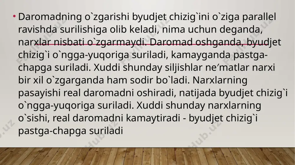 ng optimal tovarlar majmuasiga o`tishini aks ettiradi. almashish samarasi naflilik darajasi o`zgarmaganda, tovarlar narxi o`zgarishi munosabati bilan iste′mol tovarlariga talab tarkibining o`zgarishidir. almashish samarasi x ne′mat narxini o`zgarishi natijasida y ne′matni qo`shimcha x ne′mat bilan almashtirilishini ifodalaydi. bu almashtirish befarqlik egri chizig`i tu1 bo`yicha bo`ladi. bozor sharoitida daromad samarasi va almashtirish samarasini ajratilishi, tovarlarga narx belgilashdagi qonuniyatlarni yaxshiroq tushunishga yordam beradi. biz daromad va almashtirish samaralarini normal tovarlar uchun ko`rib chiqdik. past kategoriyali tovarlar uchun daromad va almashtirish samaralari o`z xususiyatlariga ega. bozor talabi alohida bozordagi iste′molchilarning individual talablari yig`indisi bilan aniqlanadi. bozor talabi chizig`i esa ma′lum bzordagi iste′molchilarning individual talablari chiziqlarini qo`shish orqali olinish mumkin. iste′molchilar talab chiziqlari va bozor talabi chizig`i. e’tiboringiz uchun rahmat image2.tmp image3.tmp image4.tmp image5.tmp image6.tmp image7.tmp image1.jpg /docprops/thumbnail.jpeg