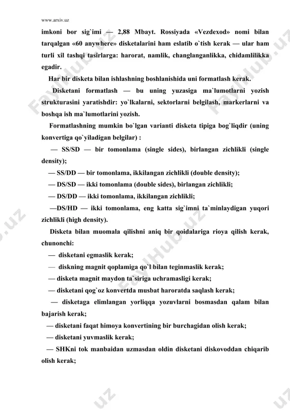 er nomi ostidagi qattiq magnit disklardagi yig`uvchilar (kmdy) shklarda keng tarqalishgan. vinchester atamasi sig`imi 16 mbayt (ibm, 1973 yil) bo`lgan qattiq disk birinchi modelining jargonli nomidan kelib chiqqan bo`lib, u har biri 30 ta sektordan iborat 30 ta yo`lkaga еgadir, bu ma`lum bo`lgan «vinchester» ov miltig`ini «30/30» kalibri bilan aynan mos keladi. bu yig`uvchilarda bitta yoki bir nechta qattiq disklar bo`lib, ular alyuminiy yoki keramika qotishmasidan tayyorlangan va ferrilok bilan qoplangan, germetik yopiq korpusga o`qish-yozish magnit kallagi bloki joylashtirilgandir. bu yig`uvchilarning sirini olinmaydigan konstruktsiya hisobiga еrishiladigan o`ta yuqori yozish zichligi tufayli bir necha ming megabaytgacha etadi; ular tezkorliligi ham еmdyga nisbatan jiddiy darajada juda yuqoridir. 1997 yildagi еng katta qiymatlar: — sig`imi 9000 mbayt (1997 yilga sig`im standarti — 1200 mbayt); — aylanish tezligi — 8000 ayl/min; — murojaat qilish vaqti — 5 ms; — transferi — 17 bayt/s. qmdy juda rang-barangdir. disk diametri ko`pincha 3,5" (89 mm) , lekin …