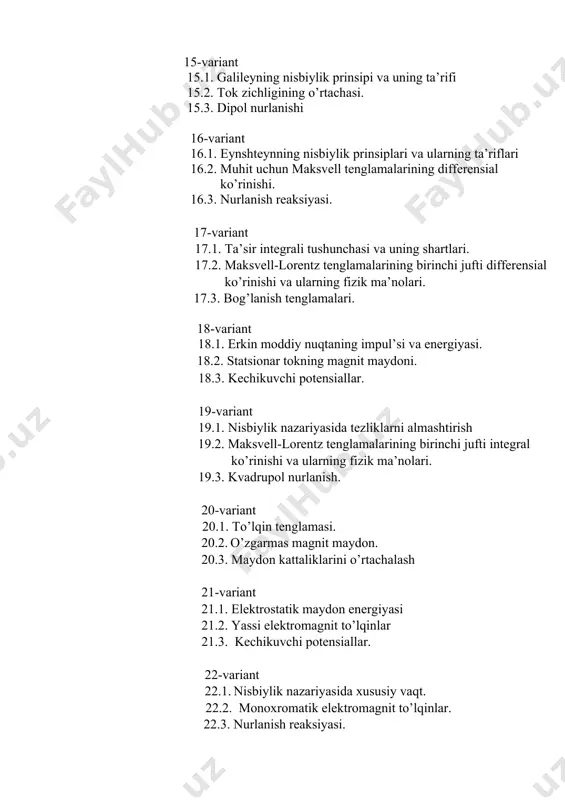 iy tenglamalari. 8. elektrodinamikaning asosiy tenglamalari. 9. elektrostatika. 10. elektrostatika. 11. o’zgarmas toklar. 12. o’zgarmas toklar. 13. vakuumda elektromagnit maydon. 14. vakuumda elektromagnit maydon. 15. ixtiyoriy harakatdagi zaryadlar maydoni.