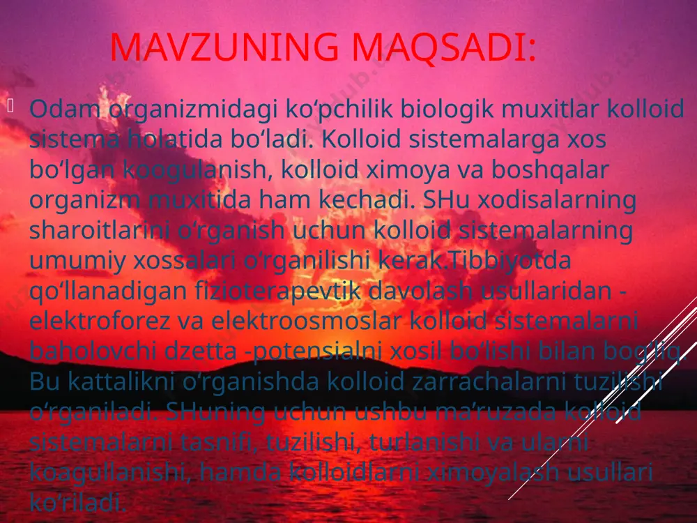 halarining elektr maydonida ta’sirida o‘tish xodisasi elektroforez deb nomlanadi. bu xodisa tibbiyotda dorivor moddalarni fizik – terapevtik yo‘l bilan organizmga yuborish turlaridan biri sifatida qo‘llanadi. agar dispers faza xarakatsiz bo‘lsa elektr maydonida dispers muxit, ya’ni suyuq faza xarakatlanadi va bu hodisa elektroosmos deyiladi. bu ikkala hodisa birgalikda elektrokinetik hodisalar turkumiga kiradi. elektrokinetik hodisalar dispers faza yuzasida qo‘sh elektr qavat hosil bo‘lishi bilan tushuntiriladi, ya’ni dispers faza va dispers muxit orasida potensiallar ayirmasi hosil bo‘ladi. elektr maydonida diffuziya qavati adsorbsiya qavatiga nisbatan siljiydi. ana shu tekislikda hosil bo‘lgan potensial elektrokinetik potensial deyiladi. uni yana (dzetta) - potensial deyishadi va qiymati qarshi ionlar bilan aniqlanadi. suyuq fazaning qattiq fazaga nisbatan siljishi qattiq modda yuzasida emas, balki adsorbsion qavatdan ma’lum masofadan keyin siljish tekisligida yuz beradi. qattiq fazani suyuq fazaga nisbatan siljishi elektroforez deyiladi. suyuq fazani qattiq fazaga nisbatan siljishi elektroosmos deyiladi. kolloid zarrachaning tuzilishini kumush xlorid zoli misolida ko‘rib chiqamiz. u kumush …