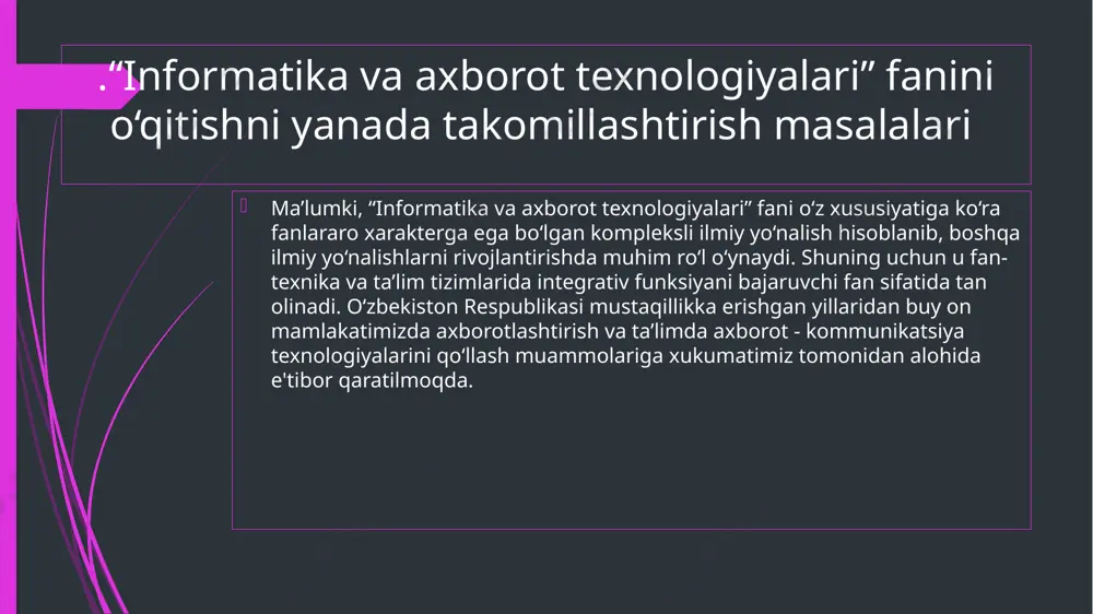 jarayonini boshqarishi tamoyili yotadi. zamonaviy pedagogik texnolgiyalar va interfaol usullardan foydalanish talabalarda fanga bo‘lgan qiziqishini xosil qilishning zaruriy sharti hisoblanadi. chunki mazkur usullar talabalarning diqqatini qo‘yilgan muammolarning mohiyat-ahamiyatini anglab olishga va ularning yechimi ustida mustaqil, tanqidiy muhokama yuritishga yunaltiradi. zamonaviy pedagogik texnolgiyalardan foydalanish uchun bir qator interaktiv usullardan foydalanish mumkin. bu usullar qo‘yilgan muammoning yechimini topishga qaratilgan bo‘lib, bunda mantiqiy usullar, xususan, tushunchani ta’riflash va bo‘lish, umumlashtirish va chegaralash, savollar tuzish, baxs va boshqalar nazariymetodologik mavqeini egallaydi. pedagogik texnologiyalardan biror bir fanni o‘qitish jarayonida foydalanish o‘qituvchidan informatika va axborot texnologiyalari fani asoslarini yaxshi bilishni, uning qonun-qoidalari va usullarini amaliyotda qo‘llay bilish malakasiga ega bo‘lishini talab etadi. informatika va axborot texnologiyalari fani didaktikasi va o‘qitish metodikasida asosiy o‘rinlardan yana birini o‘qitish usullari egallaydi. o‘qitish usuli (metodi) (grekcha metodos - biror narsaga yul so‘zidan) - bu ta’lim va tarbiya vositasi sifatidagi o‘qitish maqsadlariga erishishga yo‘naltirilgan o‘qituvchi va o‘quvchining bir-biri bilan bog‘langan faoliyatining …