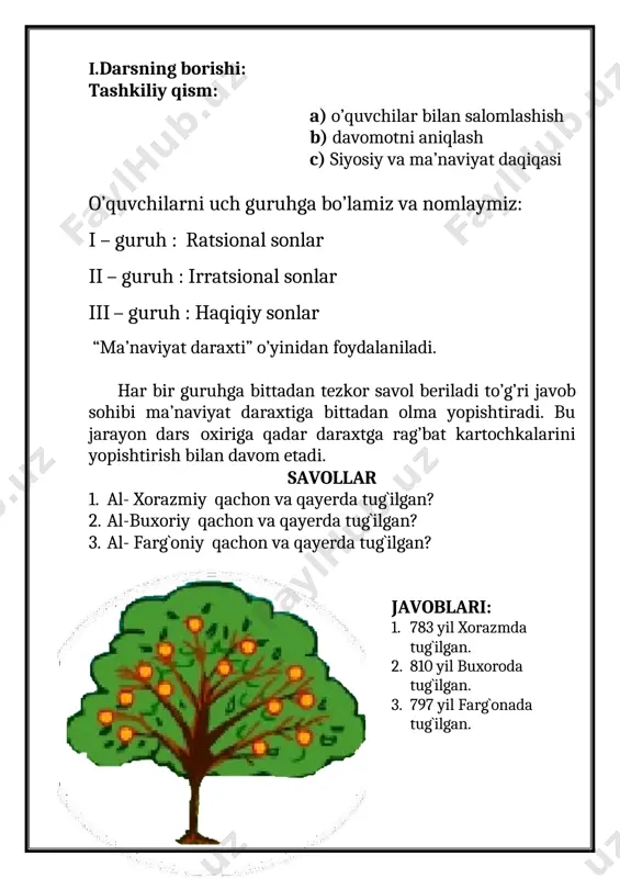 ko`ra { 6 − 2𝑥 ≥ 0 𝑥2 − 25 = 0 tengsizliklar sistemasi hosil bo`ladi. bu sistemani yechib { 6 ≥ 2𝑥 (𝑥 − 5)(𝑥 + 5) = 0 ⊳{ 𝑥 ≤ 3 𝑥 = −5, 𝑥 = 5 ⊳{ 𝑥 ≤ 3 𝑥 = −5 javob: x=-5 va x=3 bo`ladi, chunki x=3 da ildizning ichi 0 ga teng bo`ladi. 𝟑. √𝒇(𝒙) = √𝒈(𝒙) ko`rinishidagi tenglamani yechishda quyidagi sistemalarning biriga keltirib yechiadi: { 𝒈(𝒙) ≥ 𝟎 𝒇(𝒙) = 𝒈(𝒙) yoki { 𝒇(𝒙) ≥ 𝟎 𝒇(𝒙) = 𝒈(𝒙) 3- misol. √𝑥 + 1 = √2𝑥 − 3 tenglamani yeching. yechish: shartga ko`ra { 𝑥 + 1 ≥ 0 𝑥 + 1 = 2𝑥 − 3 tengsizliklar sistemasi hosil bo`ladi. bu sistemani yechib { 𝑥 ≥ −1 𝑥 ≥ −1 2𝑥 − 𝑥 = 1 + 3 ⊳{ 𝑥 = 4 ; javob: x=4 hosil bo`ladi 𝟒. √𝒇(𝒙) ∙ √𝒈(𝒙) = …