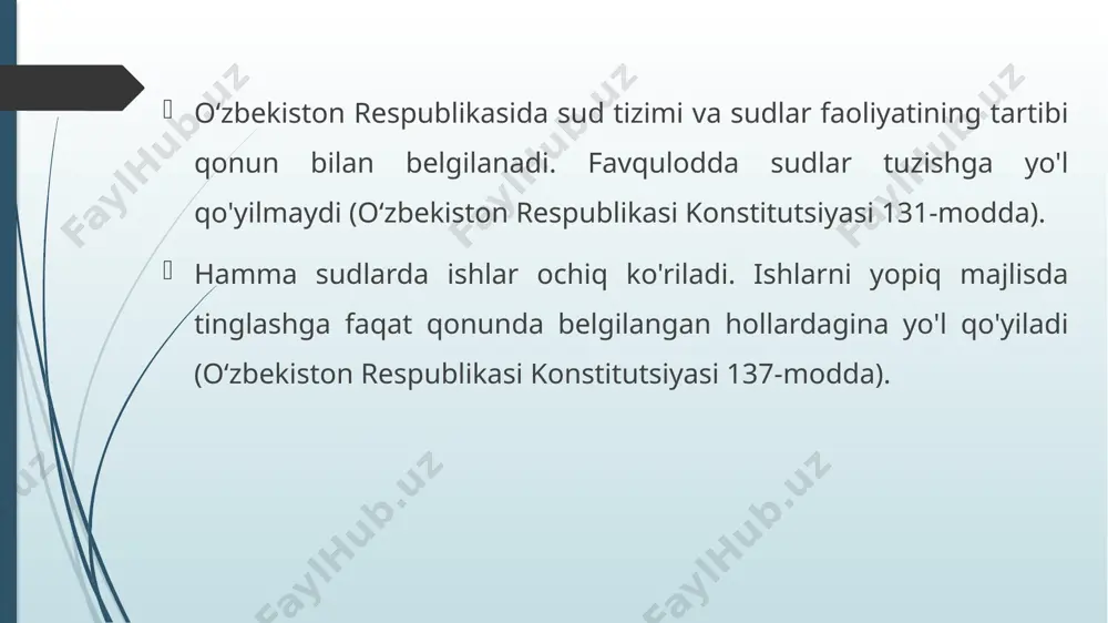 ko‘rib chiqilishi) jinoyat protsessi - jinoyat ishini tergov qilish va sudda koʻrish vaqtida surishtiruv, tergov, prokuratura organlari va sud bajaradigan harakatlar jarayoni. j. p., odatda, ish qoʻzgʻatilgandan to hukm chiqarilguncha davom etadi, baʼzan esa hukmni qayta koʻrish va uning ijrosi masalalarini hal qilishni ham oʻz ichiga oladi. j. p. jinoyatlarni ochish va jinoyatchilarni jazolash uchun xizmat qiladi; barcha fuqarolarning qonun va sud oldida tengligi, sudning mustaqilligi va faqat qonunga boʻysunishi, sudlov ishlari oshkora va koʻpchilikni tashkil etgan aholi tilida olib borilib, bu tilni bilmaganlarga tarjimon yordam berishi, ayblanuvchi oʻzini himoya qilish huquqiga ega boʻlishi kabi demokratik tamoyillarga asoslanadi. jinoyat protsessi mansabdor shaxslarning j. p.da vakolatlari qonun bilan tartibga solinadi. ular j. p.da ishtirok etadigan ayblanuvchi, jabrlanuvchi, guvoh, ekspert va b.ning oʻz huquklaridan toʻliq foydalanishlari va majburiyatlarini toʻla bajarishlari uchun masʼuliyatli. surishtiruvchi, tergovchi, prokuror yoki sudyaning oʻz vakolati doirasidan tashqari chiqishi, qonunda belgilanmagan harakatlarni qilishi, shuningdek, ayblanuvchi va jabrlanuvchilar huquqining asossiz …