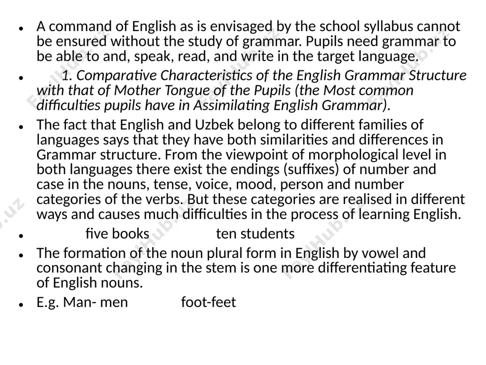 to the situation. how to teach grammar teaching grammar at school be based upon the following principles: conscious approach to the teaching grammar. this means that in sentence patterns teaching points are determined so that pupils can concentrate their attention on some elements of the pattern to be able to use them as orienting points when speaking or writing the target language. for example, i can see a book. i can see many books. the man asked_ for your telephone number. the man was asked for your telephone number. the teacher draws pupils’ attention to the new element in the sentence pattern. the teaching point may be presented in the form of a rule, a very short one. it is usually done in the mother tongue. this ensures a conscious approach to learning. they only help to attain the practical goal. conscious learning is also ensured when a grammar item …