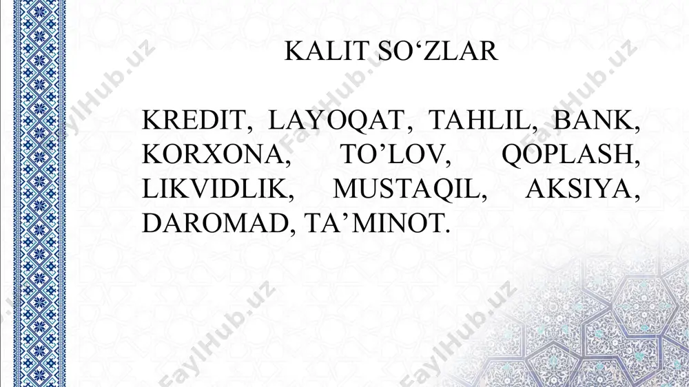 ниятлар c cash нақдлик c collateral кафолатлик c conditions шартлар c control назорат “cамpаri” usuli c сharacter репутация, мижознинг характери a ability кредитни қайтаришга қобиллиги m margin маржа, даромадлилиги p purpose кредитларнинг мақсадли йўналишлари а amount кредит миқдори r repayment кредитни қайтариш шартлари i insurance таъминланганлиги, кредитни қайтмаслик риски “раrts” usuli p purpose кредитнинг мақсадлиги a amount қарз миқдори r repayment кредитни қайтариш шартлари t term кредит бериш муддати s security кредитни тўлашни кафолатлаш xalqaro tahlilda korxonalar dividendlari va bank depozitlari foizi orasidagi nisbat, aloqadorligiga alohida ahamiyat qaratiladi aksiyalar bо‘yicha dividend qaytimi depozit foizidan 20 foiz oshganda- kompaniyaning investitsion jozibadorligi eng yuqori deb baholanadi. aksiyalar bо‘yicha dividend qaytimi depozit foizidan 20 foizdan kam bо‘lgan hollarda- kompaniyaning investitsion jozibadorligi nisbatan past deb baholanadi. aksiyalar bо‘yicha dividend qaytimi depozit foiziga yetmagan hollarda - kompaniyaning investitsion jozibadorligi yо‘q deb baholanadi aksiyalar bо‘yicha dividend qaytimi depozit foizidan kam bо‘lgan va ular orasidagi interval 20 …