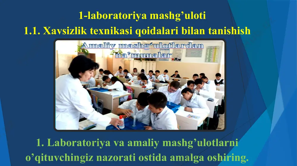o’quvchi c.o’qituvchi 2.probirka yoki kolba og’zi qaysi tomonga qaratib ochiladi? a.g’arbga b.hech kim yo’q tomonga c. hamma bor tomonga 3. tajriba tugagach barcha idishlar kimga topshiriladi? a.o’qituvchiga b. ota-onaga c.sinf rahbarga 4. moddalarning xususiyati qaysi asbobda o’rganiladi? a. pipetka b.pinset c. probirka 5.qaysi idish bakterya va zamburug’larni o’stirishda qo’llaniladi? a.buyum oynasi b. petri idishchasi c.probirka mustaqil bajarish uchun topshiriq: atamalar raqamini ularning ta’rifi bilan juftlang. 1 probirka a o’tkir tig’li pichoqcha 2 pipetka b kichik obyektlarni kattalashtirib ko’rsatuvchi laboratoriya jihozi 3 pinset c tirik obyektni mikroskopda ko’rish uchun ishlatiladi 4 petri idishcha d qisqich 5 buyum oynachasi va qoplagich oynacha e buyumni 2-20 marotaba kattalashtirib ko’rsatadi 6 skalpel f suyuqlikni tomizishga yordam beradi 7 qo’l lupasi h 2 qismdan iborat shisha idish 8 mikroskop g moddalarning xususuiyatini o’rganish uchun ishlatiladigan shisha idish 1- 3- 2- 4- 5- 7- 6- 8- 1. 5-sinf uchun biologiya darsligi o’.p.pratov, a.s.to’xtayev, f.o’.azimova, z.y.tillayeva. ( …