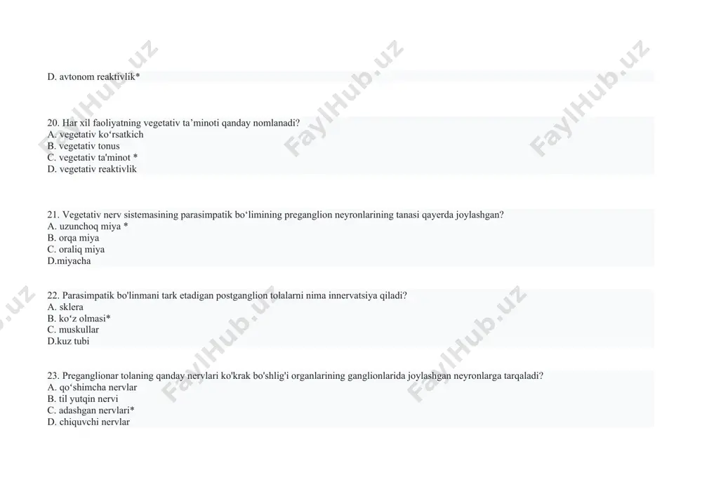 egmentidan d. 5-bel segmentidan 47. simpatik nerv sistemasining preganglion neyronlari aksonlari sinapslar orqali nima bilan o'zaro ta'sir qiladi? a. postganglionik tolalarning bir qismi bilan ichki organlarga boradi b. periferik ganglion neyronlari bilan* c. ma'lum miqdorda preganglion tolalar d. prevertabral ganglionlarda tugaydi 48. umurtqa pog’onasining ikki tomonida nima joylashgan? a. prevertabral gangliyalar b. umurtqali gangliyalar* c. vegetativ gangliyalar d. akson gangliyalari 49. umurtqa gangliyalari qanday joylashgan? a. nikotin shaklida b. fikrlash tarzida c. zanjir shaklida * d. oʻqish shaklida 50. o'ng va chap tomonning ganglionlari o'rtasida qanday bog'lanishlar mavjud? a. efferent neyronlar orasidagi aloqalar b. afferent neyronlar orasidagi bogʻlanishlar c. vaqtinchalik aloqalar d. oʻzaro bogʻlanishlar* 51. simpatik magistralning ganglionlari nima tufayli skelet mushaklarini innervatsiya qilish imkoniyatini oladi? a. orqa miya nervlari bilan aloqasi * b. bosh miya nervlari bilan bogʻlanishi c. ganglion nervlar bilan bogʻlanishi d. uchlik nervlar bilan aloqasi 52. vegetativ ganglionlar markaziy nerv sistemasi kabi qanday ta'sirlardan himoyalangan? a. …