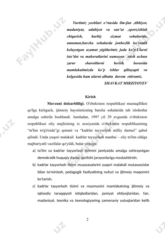kratik huquqiy davlat qurilishi jarayonlariga moslashtirish; b) kadrlar tayyorlash tizimi muassasalarini yuqori malakali mutaxassislar bilan ta'minlash, pedagogik faoliyatining nufuzi va ijtimoiy maqomini ko'tarish; c) kadrlar tayyorlash tizimi va mazmunini mamlakatning ijtimoiy va iqtisodiy taraqqiyoti istiqbollaridan, jamiyat ehtiyojlaridan, fan, madaniyat, texnika va texnologiyaning zamonaviy yutuqlaridan kelib chiqqan holda qayta qurish shakllari hamda uslublarini ishlab chiqish va joriy etish kabi vazifalar kiradi jumladan, ta'limning fan va ishlab chiqarish bilan integratsiyasi mexanizmlarini rivojlantirish, uni amaliyotga joriy etish, o'qishni, mustaqil bilim olishni individuallashtirish hamda masofaviy ta'lim tizimi texnologiyasini, uning vositalarini ishlab chiqish, o'zlashtirish, yangi pedagogik va axborot texnologiyalari asosida o'quvchilarni o'qitishni jadallashtirish ana shunday dolzarb vazifalar sirasiga kiradi. ushbu vazifalarni bajarish mavjud pedagogik jarayonlarni takomillashtirishni, uni hozirgi zamon talablariga mos rivojlantirishni, oliy ta'lim muassasalarida kasbiy tayyorgarligi yuqori bo'lgan pedagog kadrlarni tayyorlashga yo'naltirishni taqozo etadi. xxi asr nafaqat ilmiy-texnik axborotlar ko'lamining keskin ortishi bilan, balki texnologiyalarning sifat jihatidan mutlaqo yangi bosqichga ko'tarilganligi bilan ham farqlanadi. …