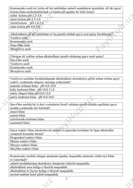lota ph-4,0-5,0 alkaloidlarni ob’еkt tarkibidan to’liq ajratib olishda qaysi usul qulay hisoblanadi? vasilеva usuli kramarеnko usuli stass-otto usuli shvaykova usuli chirigan ob’yektlar uchun alkaloidlarni ajratib olishning qaysi usuli qulay? stas-otto usuli vasilyeva usuli kramarenko usuli shvaykova usuli vasilyeva usulidan foydalanilganda alkaloidlarni ekstraktsiya qilish uchun eritma qaysi reaktiv yordamida ishqoriy muxitga yetkaziladi? ammiak eritmasi bilan ph-9,0-10,0 kaliy karbonat bilan ph-10,0-11,0 natriy ishqori bilan ph10,0-12,0 natriy karbonat bilan ph-8,0-10,0 stas-otto usulida ba’zi dori vositalarini bioob’yektdan ajratib olishda oqsillarni qaysi modda yordamida cho’ktiriladi? etanol bilan aseton bilan uchxlorsirka kislotasi bilan asetonitril bilan qaysi reaktiv bilan tekshiriluvchi piridin va piperidin hosilalari bo’lgan alkaloidlar xarakterli kristallar beradi? dragendorf reaktivi bilan marme reaktivi bilan mayyer reaktivi bilan sheybler reaktivi bilan kramarenko usulida olingan ajratmani qanday maqsadda ammoniy sulfat tuzi bilan to’yintiriladi? zaharli moddalarning ekstraksiya darajasini oshirish maqsadida alkaloidlarni asos holiga o’tkazish maqsadida alkaloidlarni to’liq tuz holiga o’tkazish maqsadida neytral muhitni hosil qilish maqsadida zaharli moddalarni ajratib …