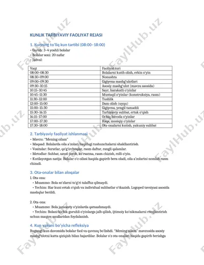 kunlik tarbiyaviy faoliyat rejasi — DOCX