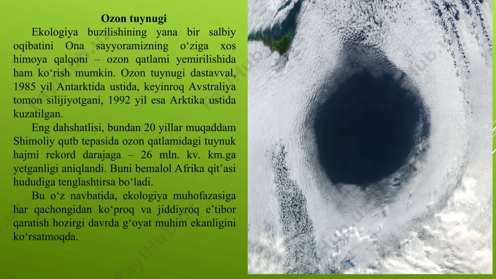 tmay qoladi. bu 7,5 mlrd. kishini tashkil etadi. yapon yozuvchisi xirosi noma: “maboda kelgusida erda hayot tamom bo’lsa, u atom urushidan emas, ichimlik suvi etishmasligidan bo’ladi” deb to’g’ri aytgan. shuning uchun biz hayot manbai bo’lgan suvni toza saqlash va ko’paytirish choralarini ko’ra olsak, kelgusida erdagi tiriklikni saqlagan, odamlarni solom va farovon turmush kechirishini ta'minlagan bo’lamiz. ma'lumki, hozirgi vaqtda inson hayoti uchun o’ta xavfli bo’lgan yuqumli kasalliklar borgan sari ko’payib bormoqda: oits, tovuq grippi va yaqinda hind okeanidagi dahshatli sunamidan so’ng, 4 turdagi yangi (oldin uchramagan) yuqumli kasallik paydo bo’ldi. u bezgakka o’xshash kasallik bo’lib, shungata deb ataladi. u indoneziya, xindixitoy mamlakatlarida 7,4 mln. kishini halok bo’lishiga olib keldi va hokazolar. bu kasalliklar-ning paydo bo’lishining asosiy sababi biosferaga zaharli kimyoviy moddalar-ning ko’payib ketganligi va radiosion fonni oshganligidir. hozirgi vaqtda oldin uchramagan 70 ming xil kimyoviy moddalar biosferaga tarqalgan. ular tirik organizmlarni mutasiyaga uchratib, oldin beozor bo’lib yashab kelgan mikroorganizmlarni kasallik tarqatuvchi …