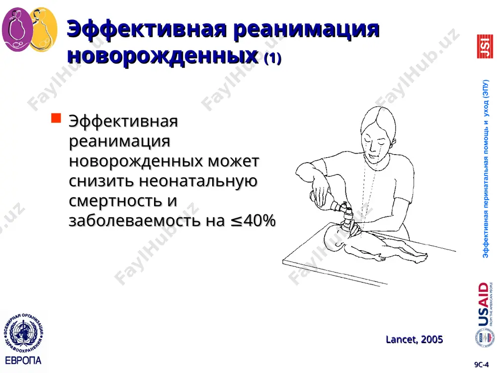 у * дополнительный кислород на любом этапе если сохраняется стойкий цианоз * 9c-* эффективная перинатальная помощь и уход (эпу) если после проведения этих шагов реанимации у ребенка адекватное дыхание и чсс >100 в минуту, оставьте ребенка с матерью обеспечить тепловую защиту ребенка: контакт «кожа к коже» проконтролируйте температуру тела новорожденного через 15 минут после рождения помочь матери начать грудное вскармливание как только ребенок проявит признаки готовности регулярно оценивать состояние ребенка контролируйте частоту дыханий каждые 15 минут проверяйте, нет ли стонущего выдоха проверяйте, нет ли выраженного втяжения межреберных промежутков не оставляйте ребенка и мать одних who 2006 who, 2006 9c-* эффективная перинатальная помощь и уход (эпу) через 1 минуту после рождения (2) нет дыхания, или нерегулярное дыхание по типу гаспинг, или стонущий выдох, или чсс 60 в минуту продолжить вентиляцию мешком и маской в течение 30 секунд начать непрямой массаж сердца и продолжить вентиляцию мешком и маской повторно оценить дыхание и …