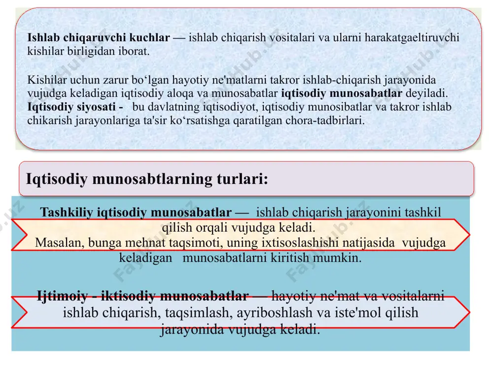 gi; mulk egalarining qonun bilan himoyalanadigan vakolatlari; mol - mulkni himoya qilish usullari. 14 bular : mulk ob‘yektlari — bu mulkka aylangan barcha boylik turlaridir. ishlab chiqarish vositalari; inson yaratgan moddiy va ma'naviy boyliklar; tabiiy boyliklar; intellektual boyliklar; insonning mehnat qilish qobiliyati bo‘lgan ishchi kuchi va h.k. 15 ular: mulk sub'ekti — bu mulkiy munosabatlarning ishtirokchilari, ya'ni mulk ob'ekti va ishlab chiqarish natijalarini o‘zlashtirishda qatnashuvchilardir. ► • davlat (turli darajadagi hukumat va boshqaruv organlari); ► • korxonalar, xo‘jalik birlashma (uyushma)lari, jamoat va boshqa tashkilotlar ► • alohida kishilar va oilalar; ► • chet elliklar (xorijiy fuqaro, tashkilot va davlatlar 16 mulkchilik shakllarining tasniflanishi "bozor munosabatlarini rivojlantirishga qaratilgan o‘zbekiston iqtisodiyotining negizini xilma xil shakllardaga mulk tashkil etadi'" davlat mulki — bunda mulka egalik qilish va uni tasarruf etish davlat ixtiyorida bo‘ladi. davlat mulkidan foydalanish huquqi ko‘pincha xo‘jalik yurituvchi sub'ektlarga beriladi. 17 davlat mulki ikki darajada mavjud bo‘ladi: ►respublika mulki - bular …