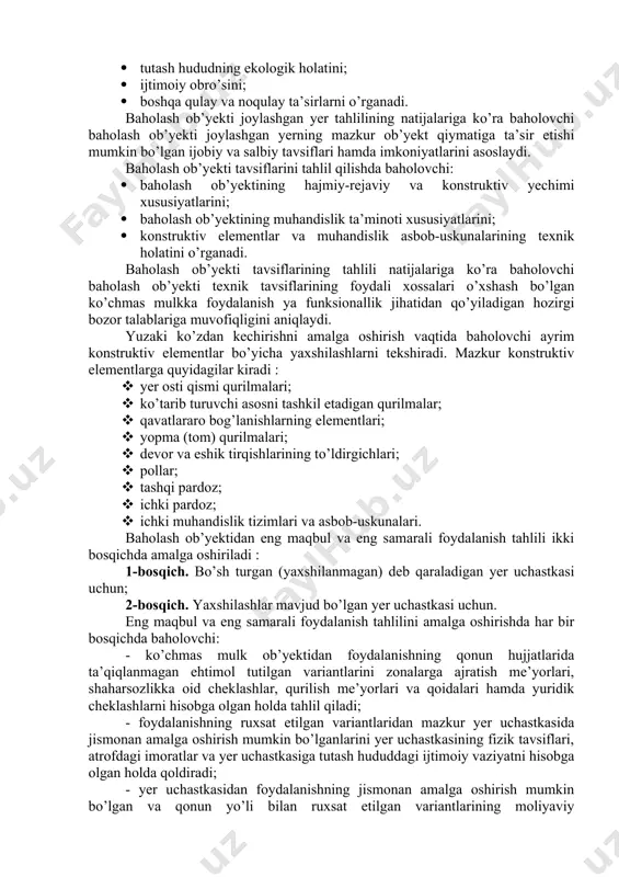 to’g’risida asoslantirilgan xulosa chiqarish uchun baholovchi mintaqadagi ijtimoiy-iqtisodiy vaziyat, ko’chmas mulk bozori, baholash ob’yekti joylashgan yer va baholash ob’yektining tavsiflari haqida axborot yig’ishi va uni tahlil qilishi lozim. mintaqadagi ijtimoiy-iqtisodiy vaziyatni tahlil qilishda baholovchi: · mintaqaning tabiiy-iqlim xususiyatlarini; · asosiy makroiqtisodiy ko’rsatkichlarni; · iqtisodiyot tarmoqlari bo’yicha asosiy ko’rsatkichlar, ularning o’zgarish dinamikasi va baholash ob’yektining bozordagi holatiga ta’sirini; · ijtimoiy rivojlanishning asosiy ko’rsatkichlari, ularning o’zgarish dinamikasi va baholash ob’yektining bozordagi holatiga ta’sirini o’rganadi. mintaqadagi ijtimoiy-iqtisodiy vaziyat tahlilining natijalariga ko’ra baholovchi baholash ob’yektining bozordagi joriy va bo’lg’usi holatini asoslaydi, ehtimol tutilgan odatdagi haridor va uning investitsion motivatsiyasi aniqlanadi. ko’chmas mulk bozorini tahlil qilishda baholovchi: · baholash ob’yekti joylashgan mintaqadagi ko’chmas mulk bozorining umumiy tavsiflarini; · ko’chmas mulk bozorining tuzilishi va ishtirokchilarini; · ko’chmas mulk bozorining ayrim segmentlari bo’yicha talab va taklif omillarini miqdoriy tahlil va tendensiyalar tahlili bilan birga o’rganadi. bozor tendensiyalarining tahlili uchun zarur bo’lgan bozorni segmentlarga ajratish ko’chmas mulkning quyidagi …