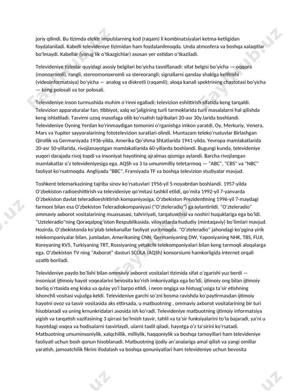asvirlarni hosil qilish va tiklash jarayonlari texnik jihatdan asosan vakuumli elektronnurli trubka yordamida amalga oshiriladi. uzatuvchi trubkalar ichida ichki fotoeffektli vidikon va tashki fotoeffektli superortikon, qabul qiluvchi trubkalardan esa turli kineskoplar keng tarqalgan. oq-qora televideniyeda yorugʻlik signali (videosignal) uzatuvchi trubkadan chiqishda kuchaytiriladi va elektr signaliga aylantiriladi. bunda radiokanal yoki kabel kanali aloka kanali boʻlib xizmat qiladi. qabul qiluvchi qurilmada qabul qilingan signallar bir nurli kineskopda yorugʻlik nurlariga aylantiriladi; bunda kineskop ekrani oq nur nurlatadigan lyuminofor bilan qoplangan. rangli televideniye tabiatdagi barcha ranglarni maʼlum nisbatda olingan 3 ta asosiy rang — qizil, yashil va koʻk ranglardan optik jihatdan tiklash mumkin boʻlgani uchun televizion uzatish kamerasi yoritilganlik signalini va asosiy ranglar signallarini yaratishi uchun bir emas, balki 3 ta trubkadan iborat boʻladi. uzatishda (telemarkazda) ana shu barcha signallar kodlanadi, qabul qilishda (televizion priyomnikda) dekodlanadi. 80-yillar oʻrtalaridan boshlab raqamli televideniye tizimi ustida ishlar olib borildi va amalda joriy qilindi. bu tizimda elektr impulslarning …
