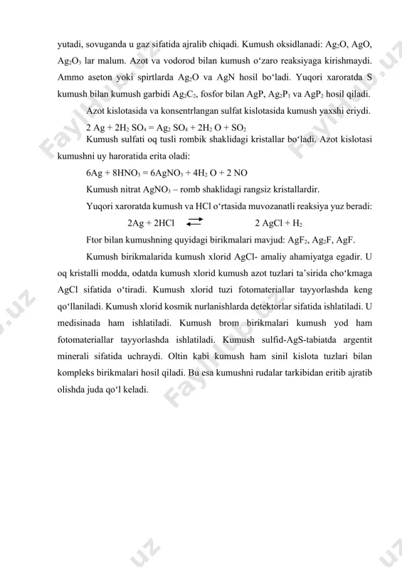 prеzidеntining lаvоzimigа kirishish tаntаnаli mаrоsimigа bаgishlаngаn оliy mаjlis pаlаtаlаrining qoshmа mаjlisidаgi nutqi. –t.: “ozbеkistоn” nmiu, 2016. – 56 b. 2. mirziyoyеv sh.m. qоnun ustuvоrligi vа insоn mаnfааtlаrini tа’minlаsh – yurt tаrаqqiyoti vа хаlq fаrоvоnligining gаrоvi. ozbеkistоn rеspublikаsi kоnstitutsiyasi qаbul qilingаnligining 24 yilligigа bаgishlаngаn tаntаnаli mаrоsimdаgi mа’ruzа 2016 yil 7 dеkаbr. – t.: “ozbеkistоn” nmiu, 2016. – 48 b. 3. mirziyoyеv sh.m. buyuk kеlаjаgimizni mаrd vа оliyjаnоb хаlqimiz bilаn birgа qurаmiz. - t.: “ozbеkistоn” nmiu, 2017. – 488 b. 4. масленицкийи.н., чугаев л. в. металлургия благородных металлов. -м.: металлургия, 1997. 5. абрамова. а.технология обогащения руд цветных металлов. -м.: мггу, 2017. 6. авдохин и. а. технология обогащения руд благородных металлов. -м.: мггу, 2006. 7. peuker u.a., kwade a., teipel u., jeckel g., mütze t. mineral processing. mineral, renewable and secondary raw material processing-current engineering challenges. dechema. germany, 2012. 280 p. 8. авдохин в. м. технология обогащения полезных ископаемых. учебник в 2-х томах. …